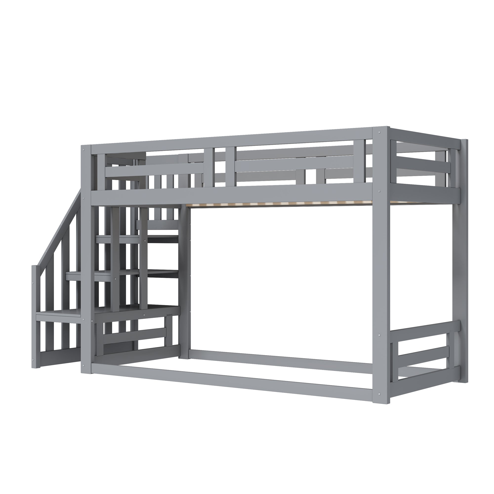 Children's Bed, Low Bunk with Safety Stairs, Solid Wood Gray