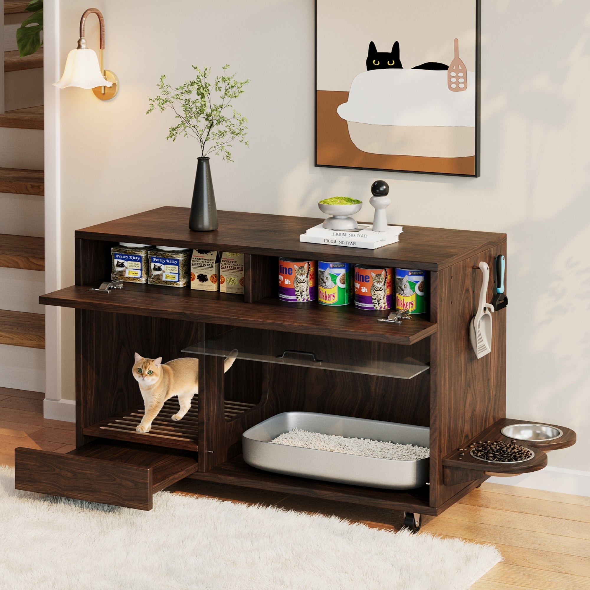 Mobile Cat Litter Box Cabinet with Food Bowls, Sand Tray, Pegboard - Walnut