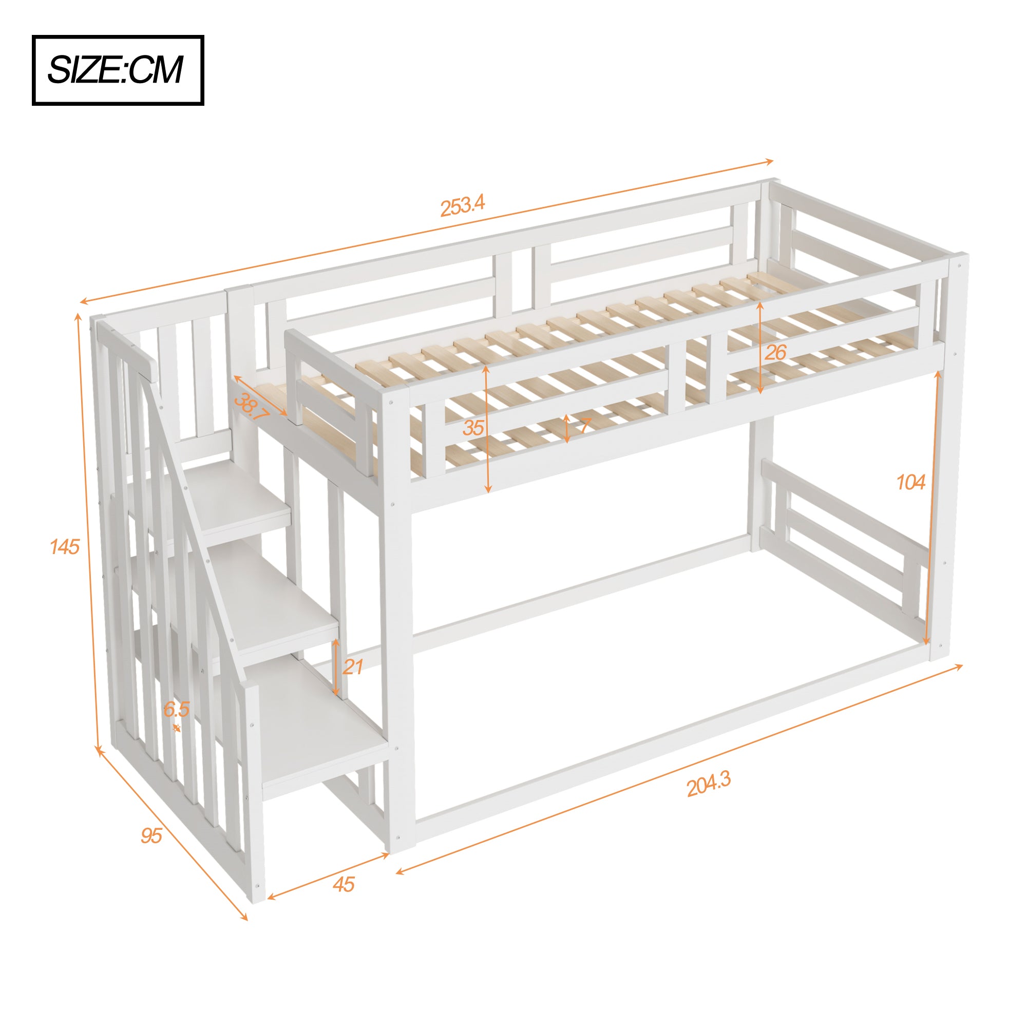 Children's Bed, Low Bunk with Safety Stairs, Solid Wood, White