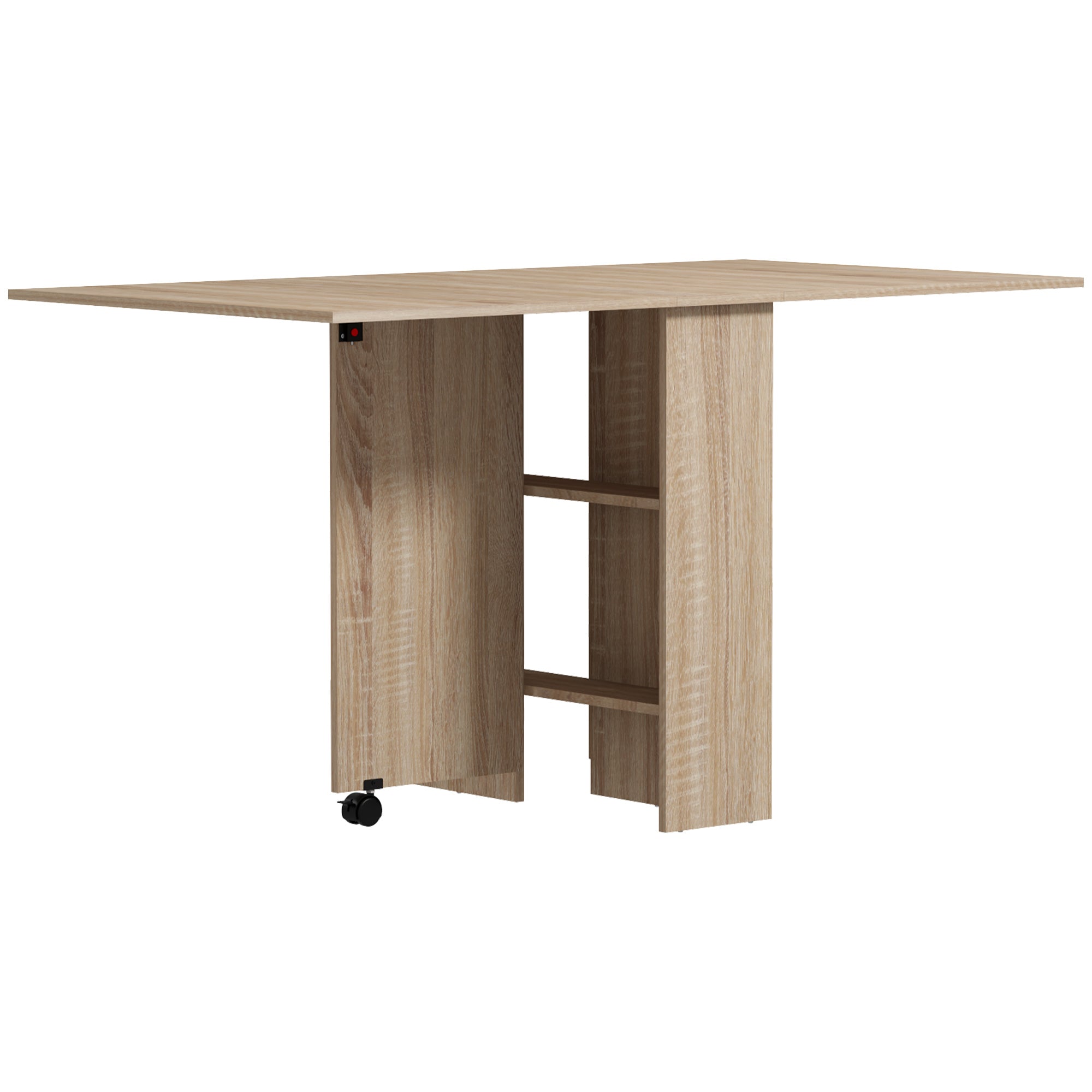 Folding Dining Table, Drop Leaf with 2-tier Shelves and Rolling Casters, Natural