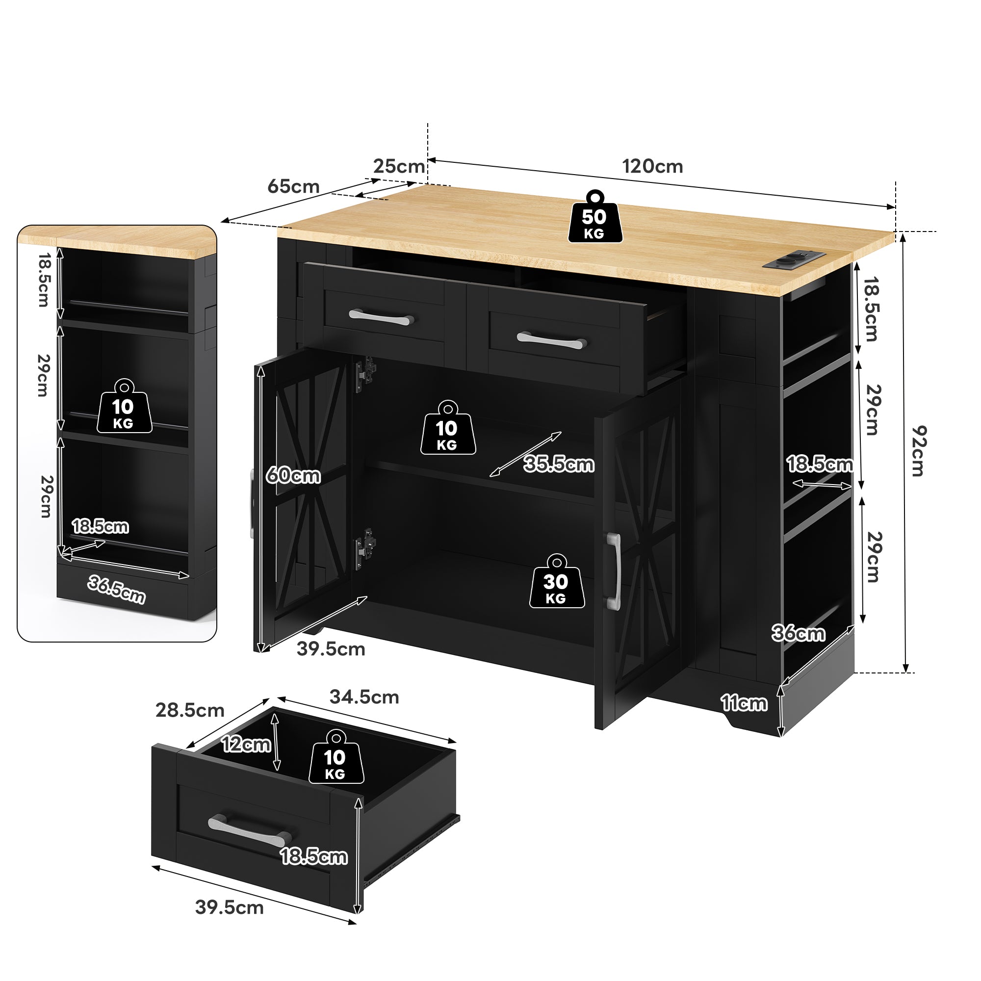 Portable Kitchen Island with Folding Dining Table, AC and USB Ports and Glass Door, Wood Effect