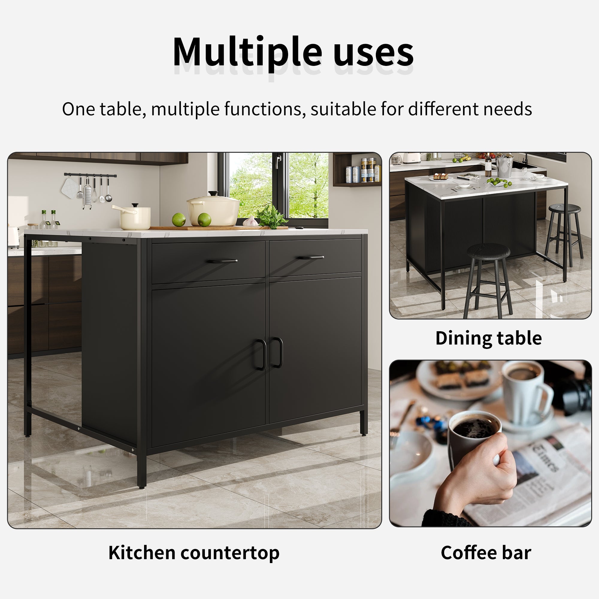 Black Bar Table with Marble Texture Tabletop and Adjustable Feet, MDF