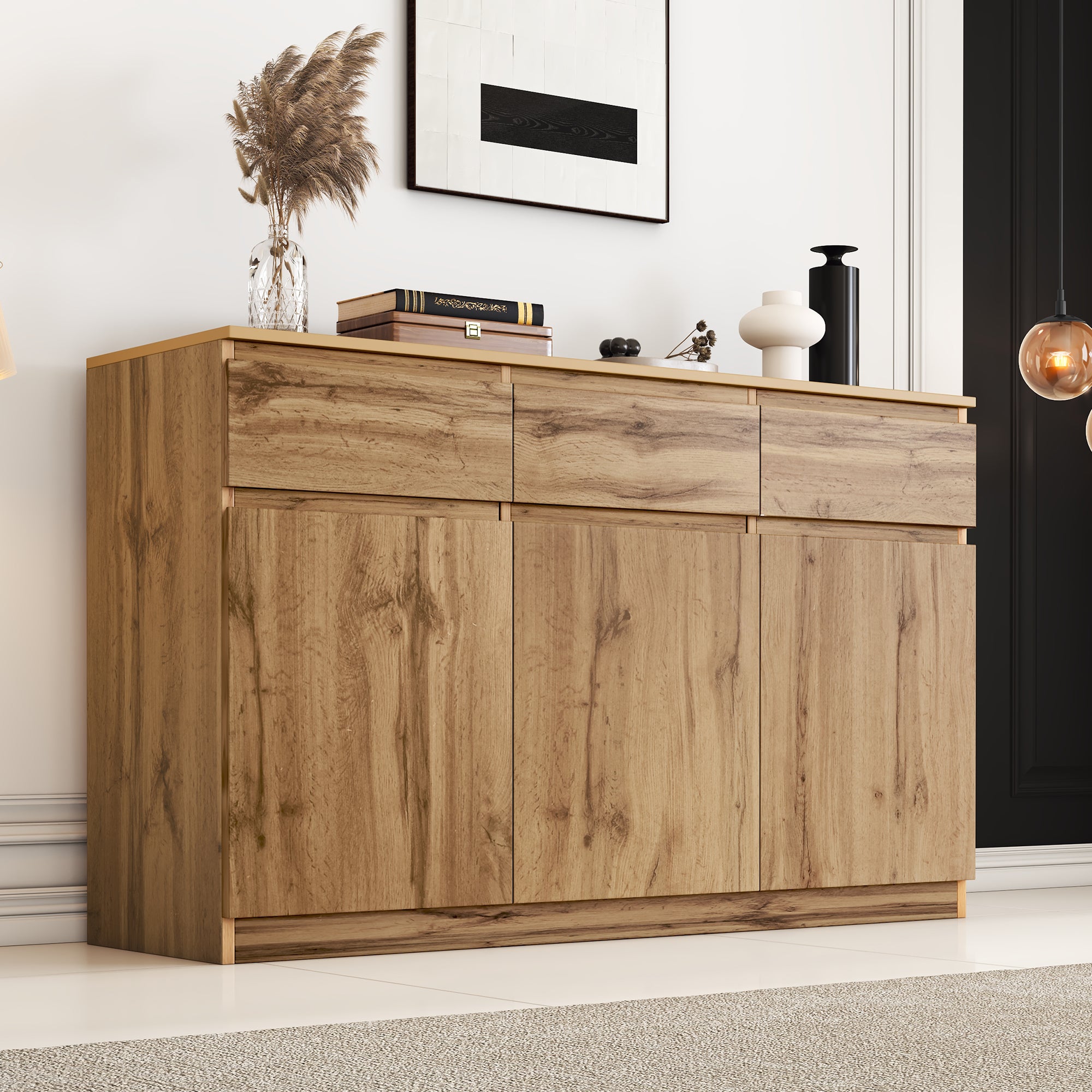 Multifunctional Sideboard, 3 Doors 3 Drawers Cabinet, Authentic Wood Look