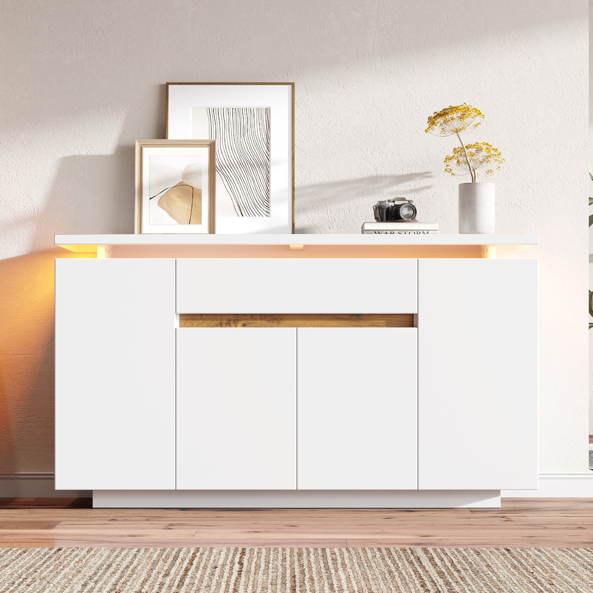 Sideboard Chest of Drawers LED Lighting 1 Drawer 4 Door Storage White