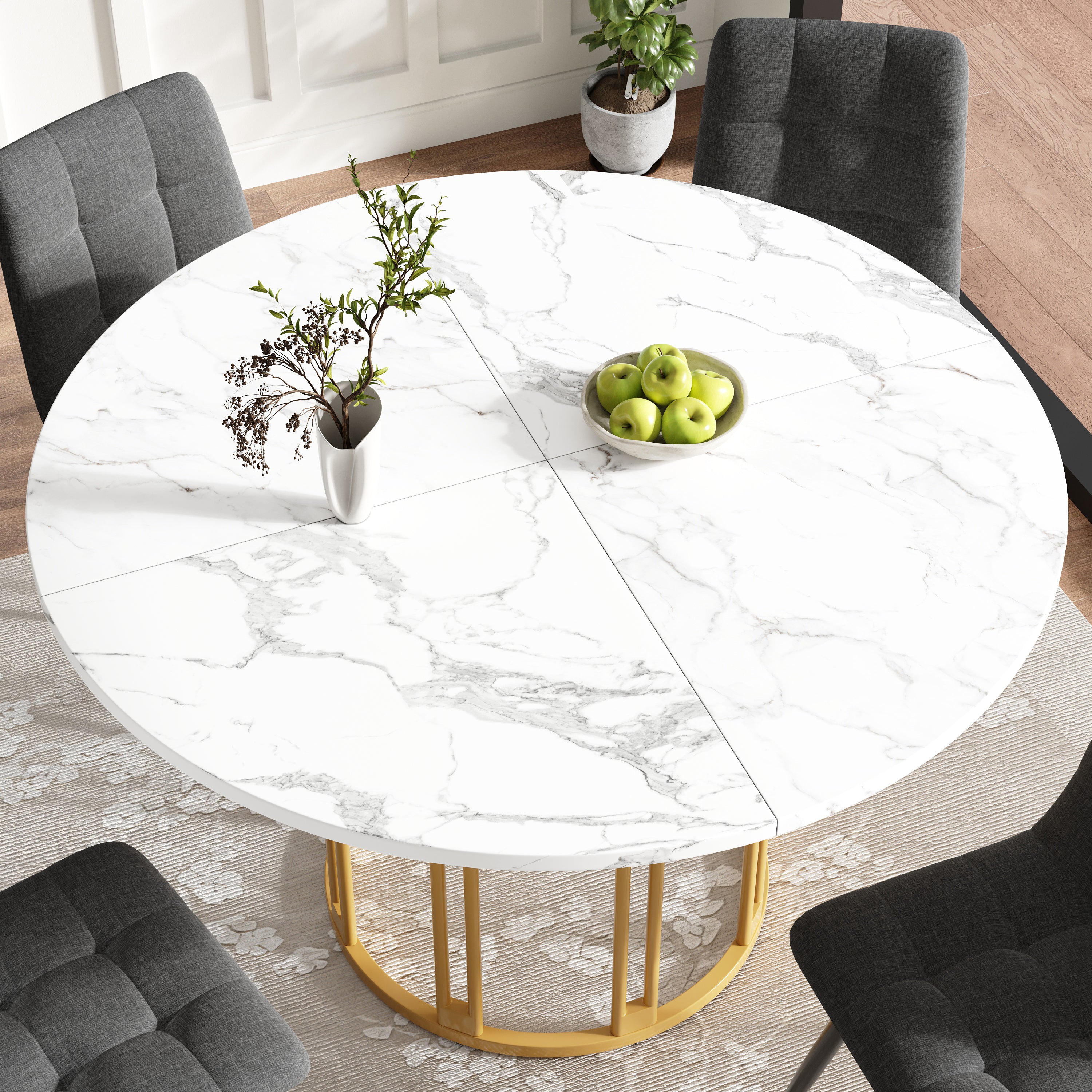 Round Dining Table Kitchen Breakfast Table Metal Legs Marble Pattern Gold/Black