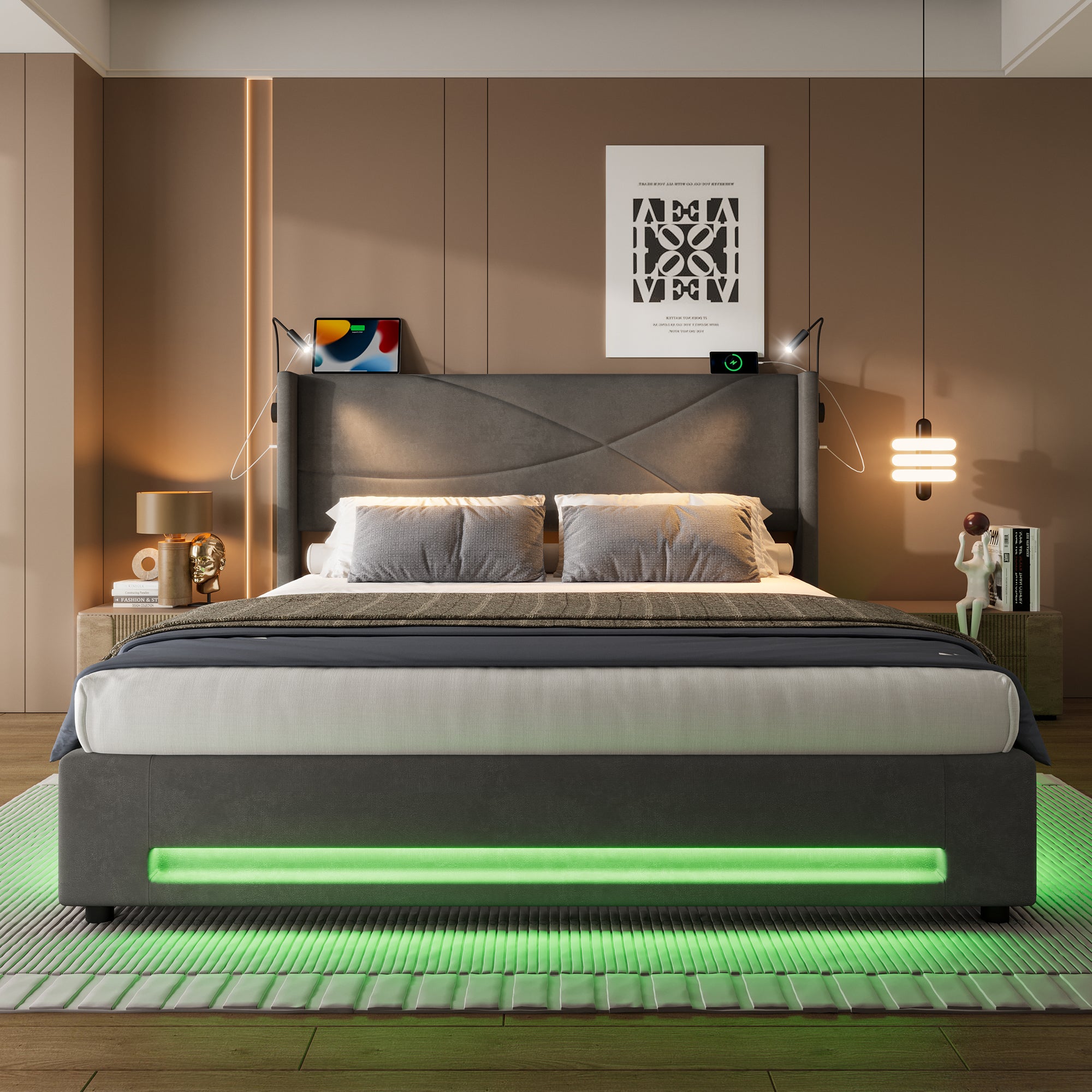 Bed Frame, Modern Design 160x200cm, Hydraulic Storage, LED Lights, USB Ports