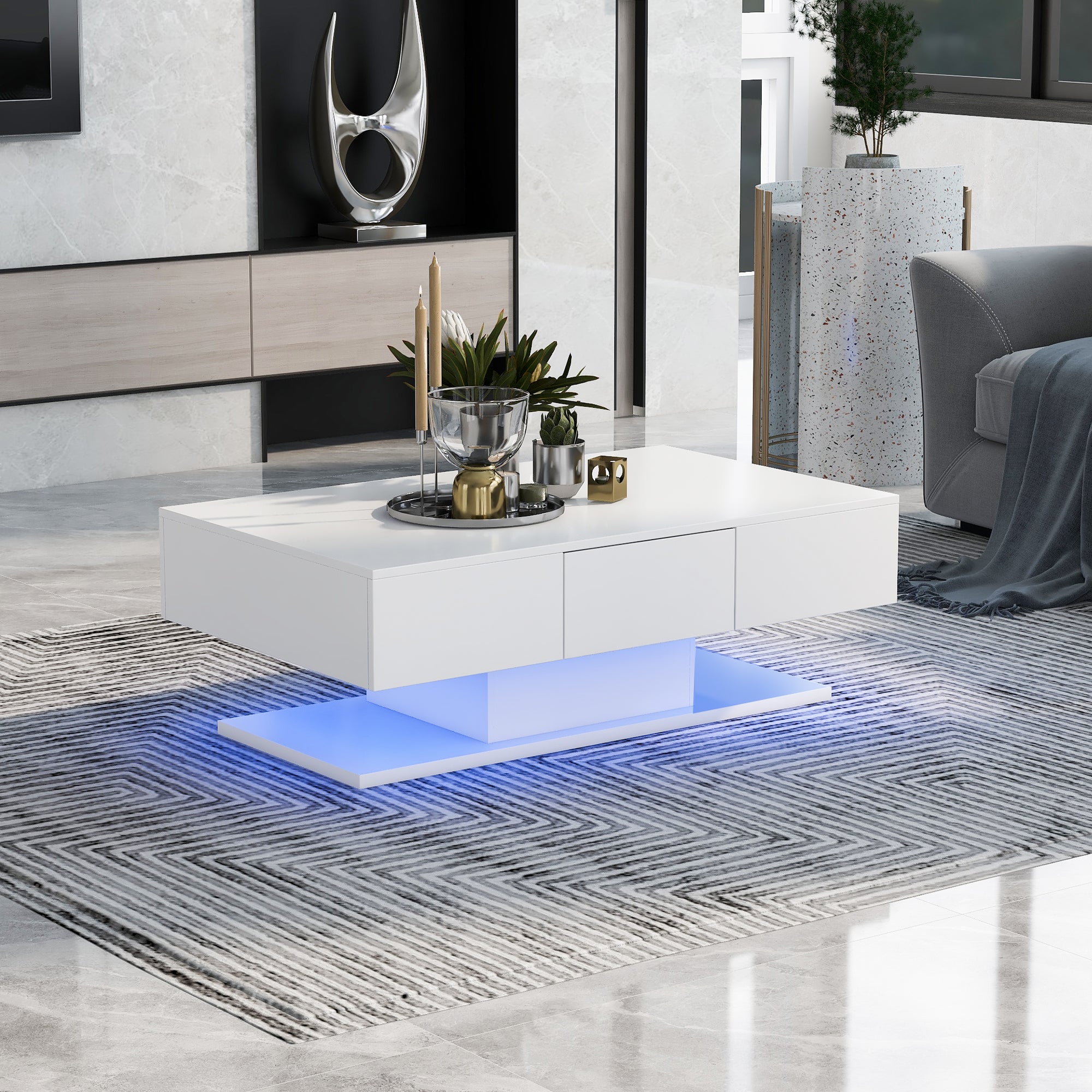 Tea Table, High Gloss Sofa Desk with 2 Drawers, 100cm White