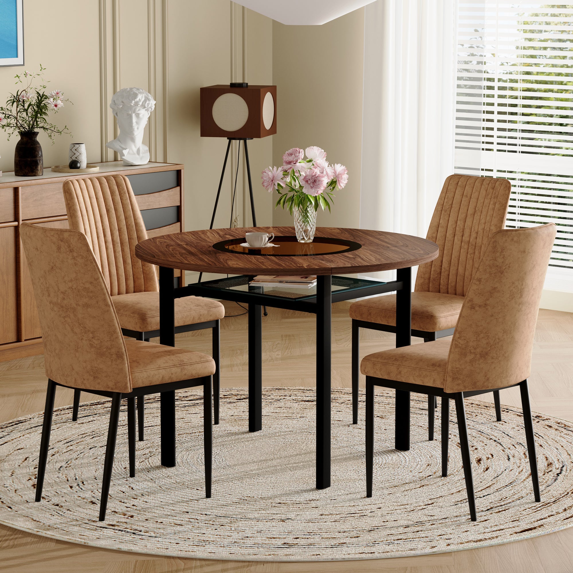 Dining Table Set, Minimalist 85cm Glass Table & 4 Chairs, Brown Tech Fabric