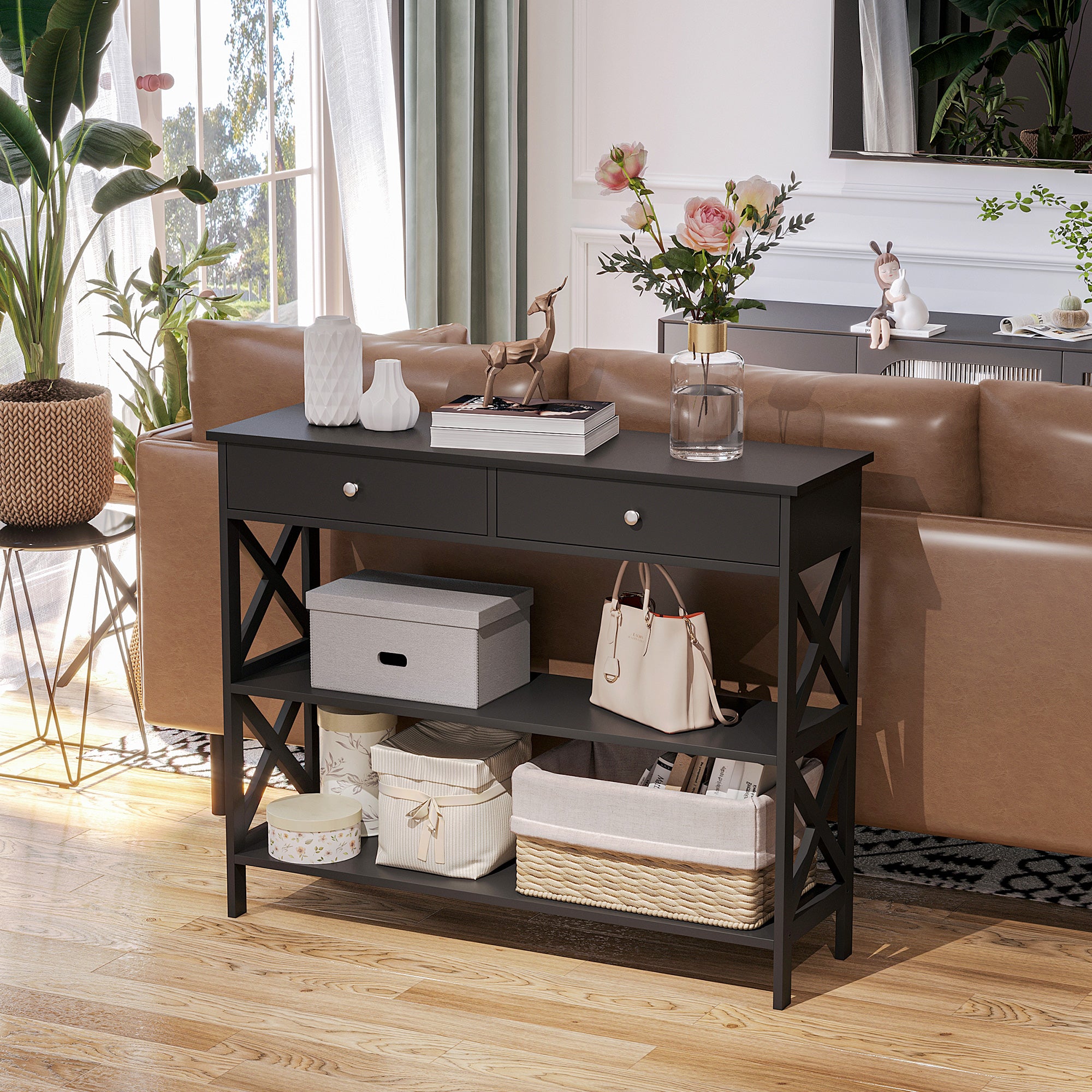 Console Table with Shelves, Drawers, and X Support Frame, Black