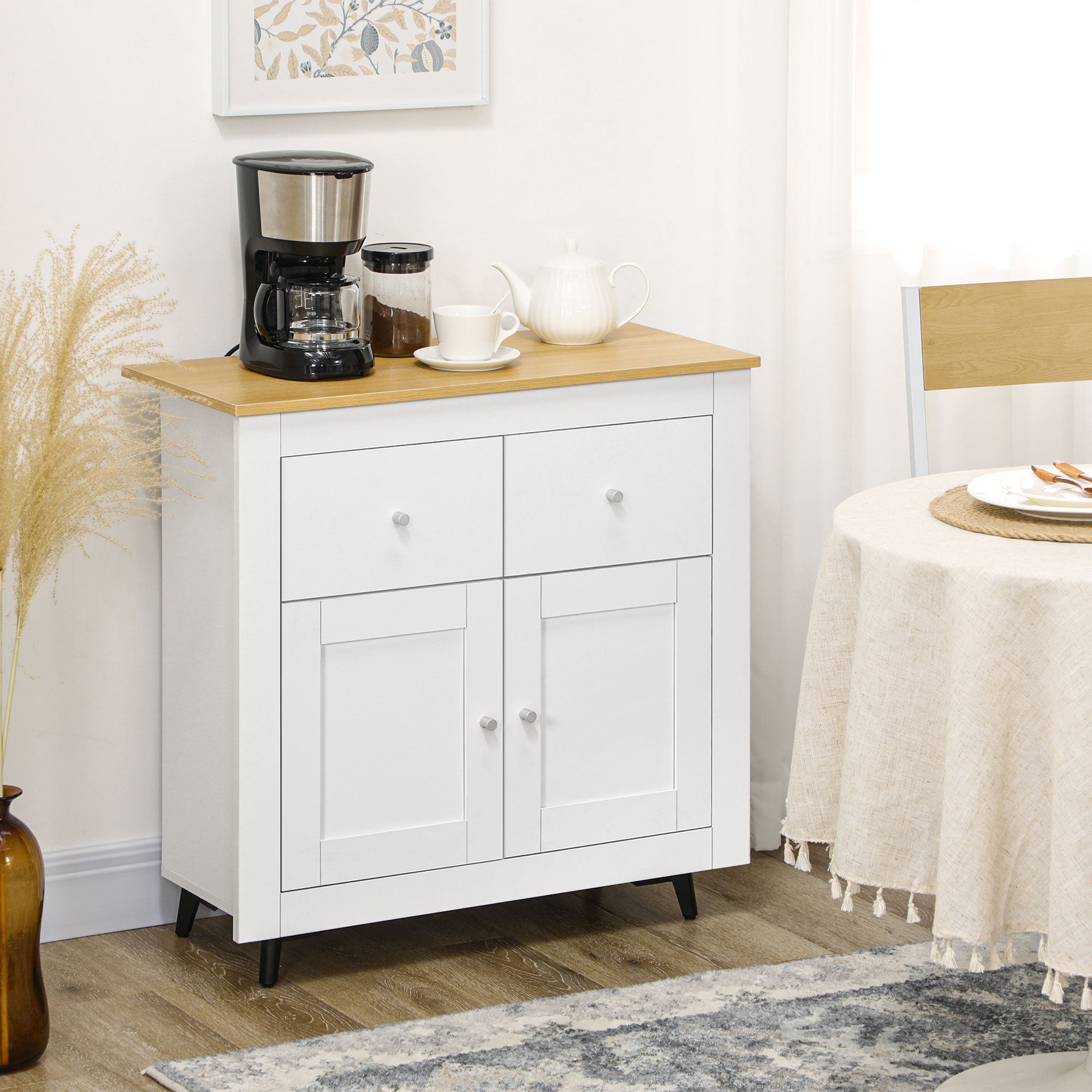 Sideboard Storage Cabinet with Double Doors and Drawers, White Engineered Wood