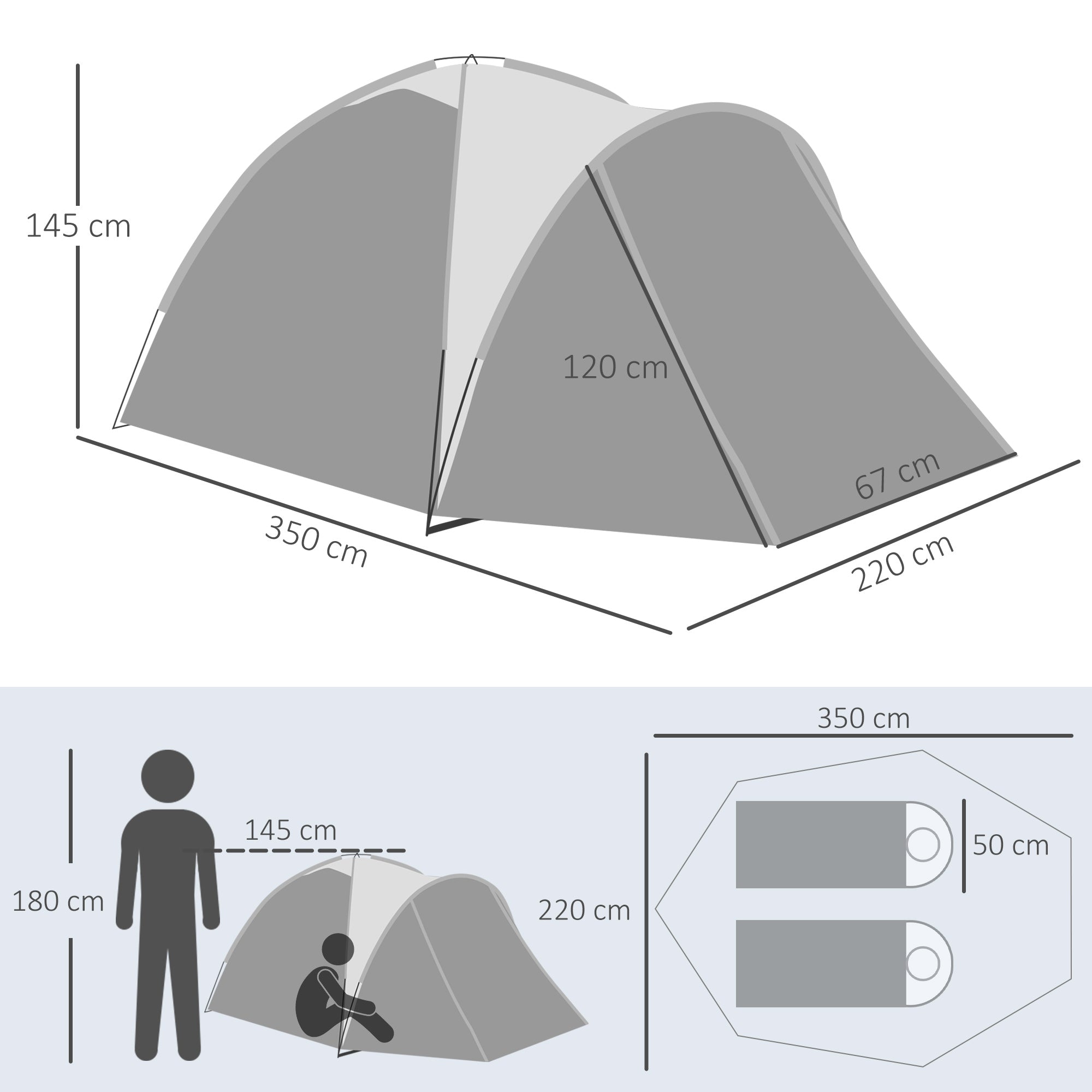 Camping Tent, Dome, 2-3 Person, Weatherproof, Grey