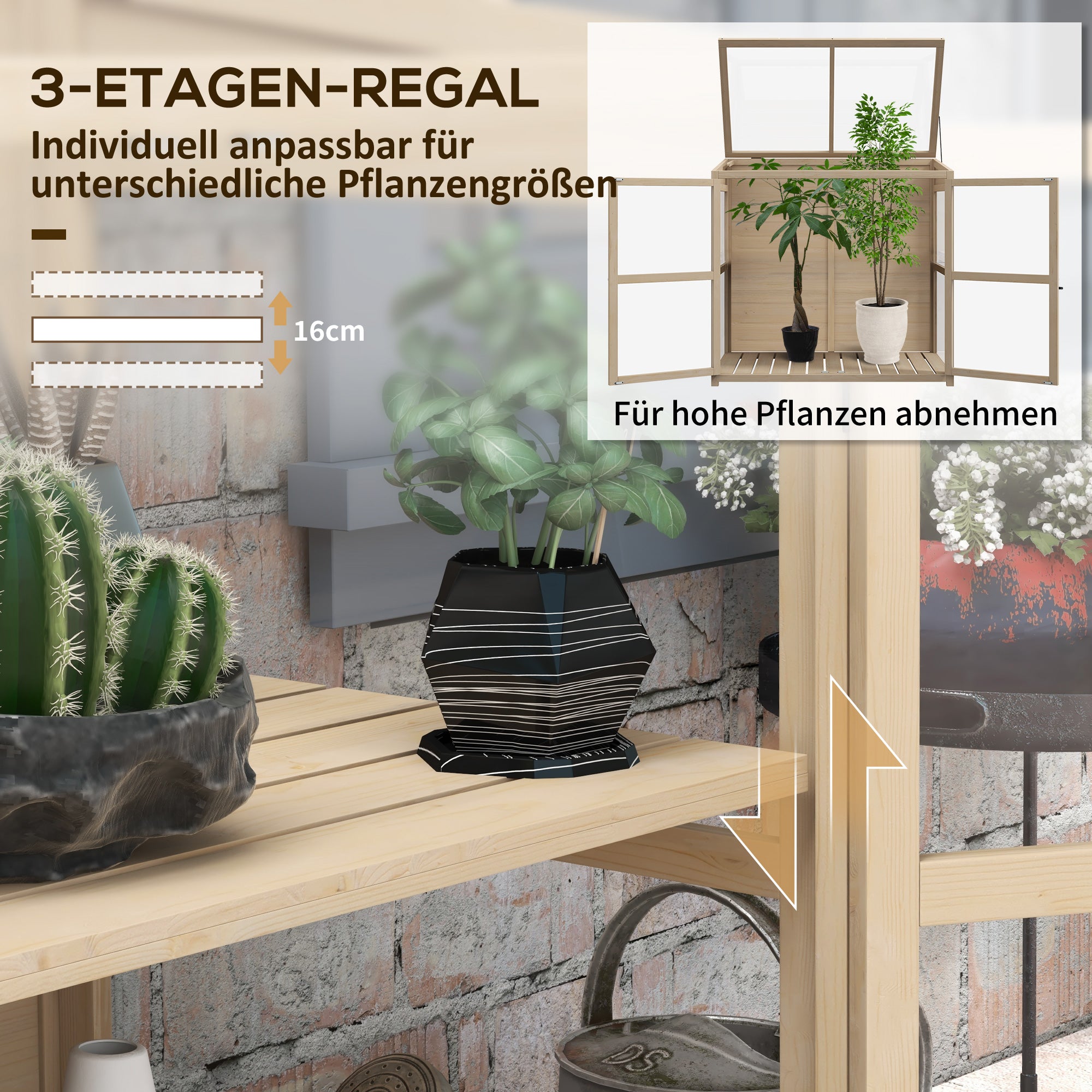Wooden Cold Frame Greenhouse, 2-Tier Double Doors Roof Window Windproof 103x61x103cm, Natural Finish