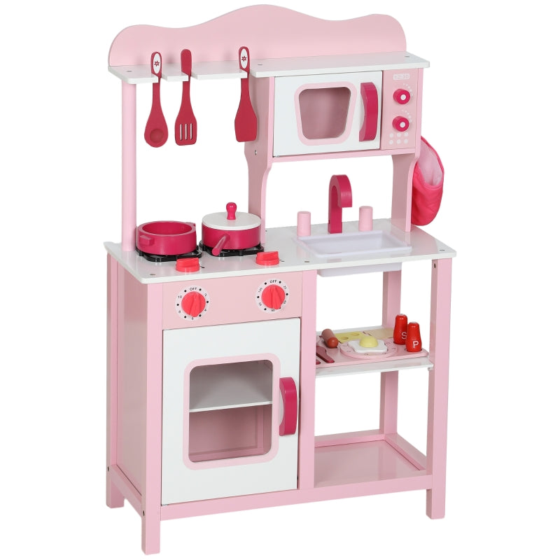 Children's Play Kitchen with Wooden Accessories and Sound Effects, Pink