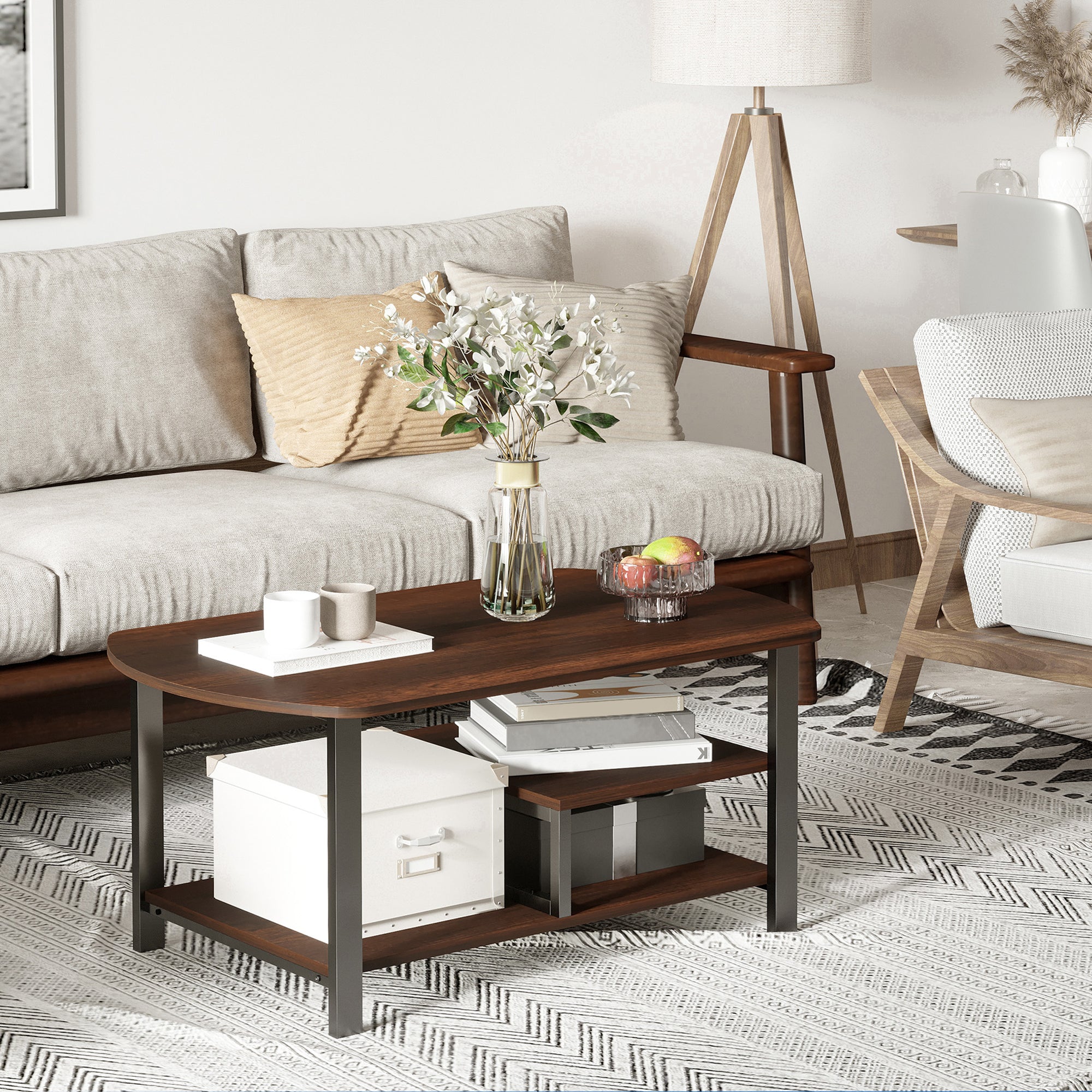 Coffee Table with Storage Surfaces, 100x60x46cm, Chipboard and Steel Brown