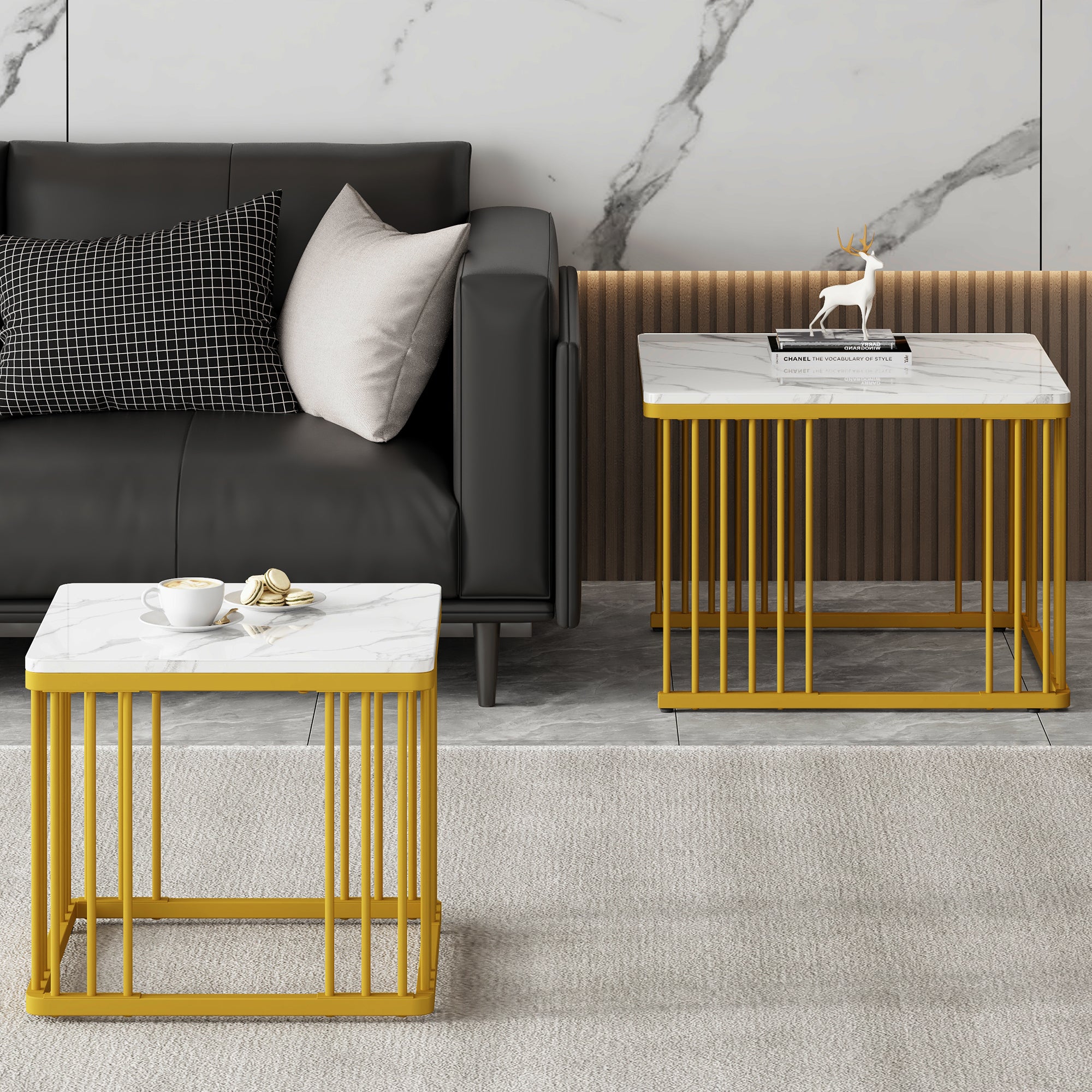 Nesting Coffee Tables Set of 2 Square Marble-Effect High-Gloss - Gold Legs