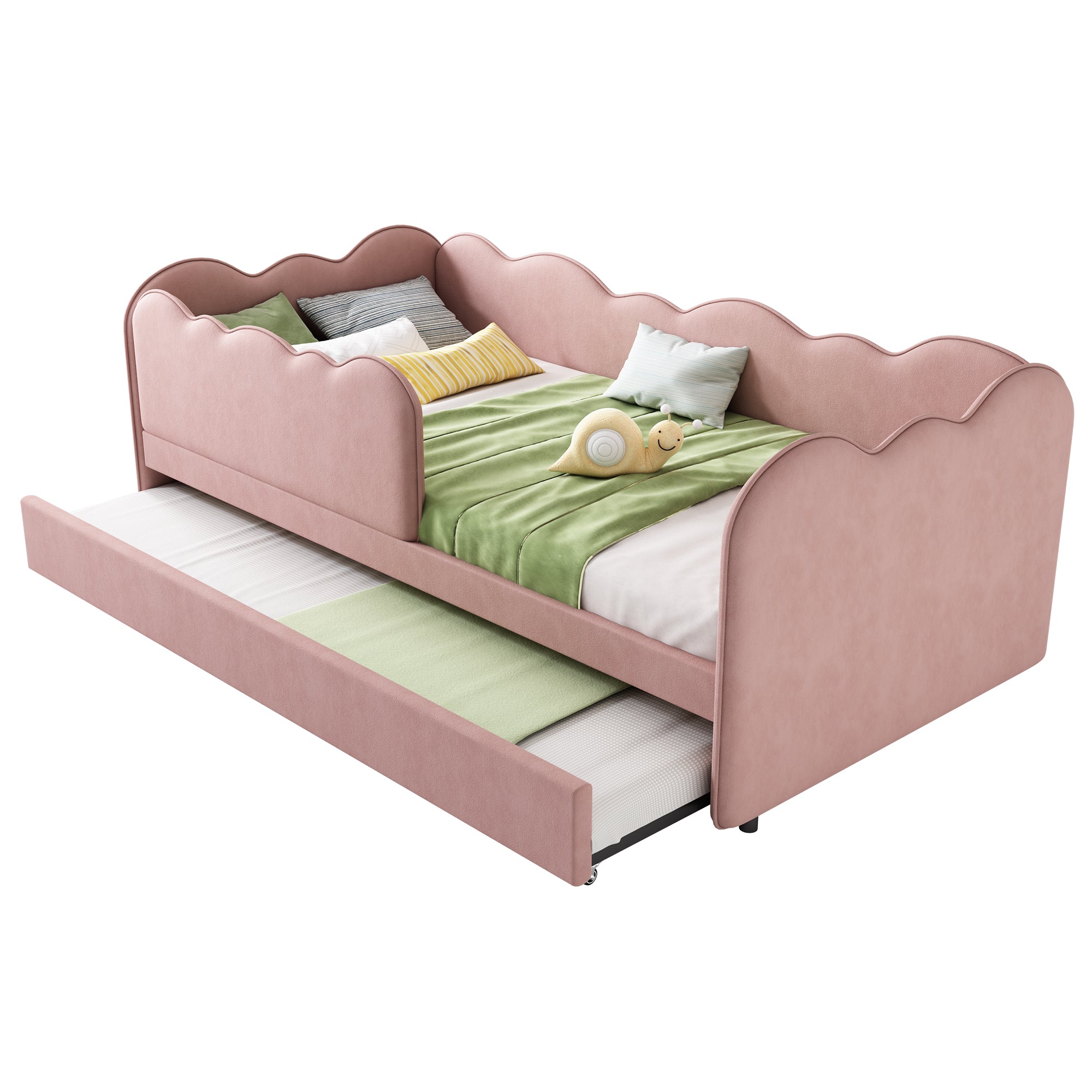Upholstered Bed Daybed 90x190cm 3FT Single with Pull Out Trundle and Slatted Frame, Velvet Pink