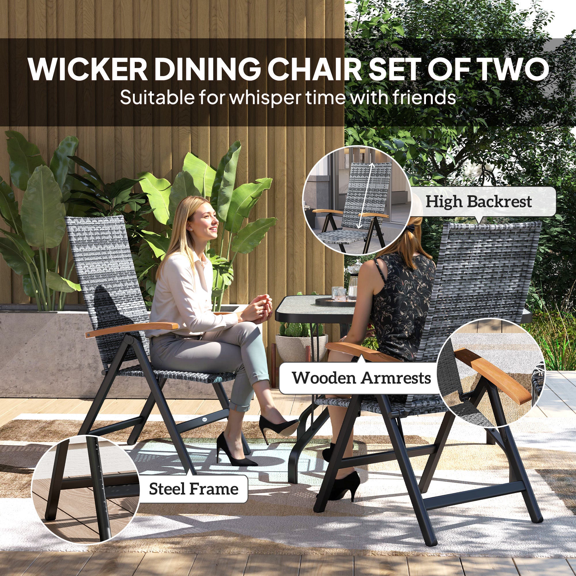 2 Pieces Folding Dining Chairs 5-level Reclining High Back Rattan Light Grey