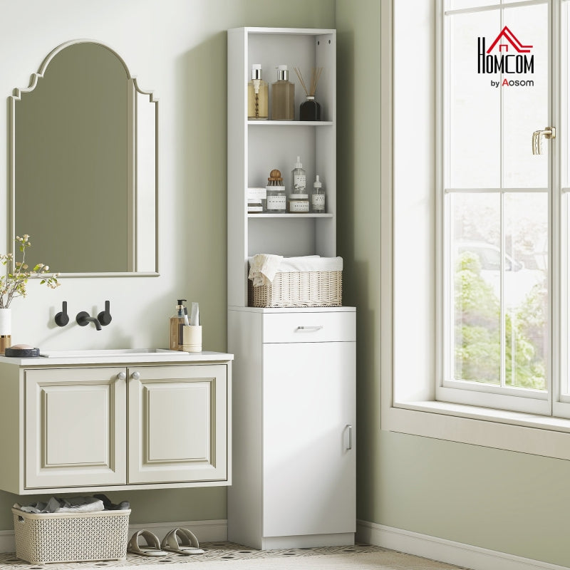 Tall Bathroom Cabinet, Drawer Door Adjustable Shelves, White