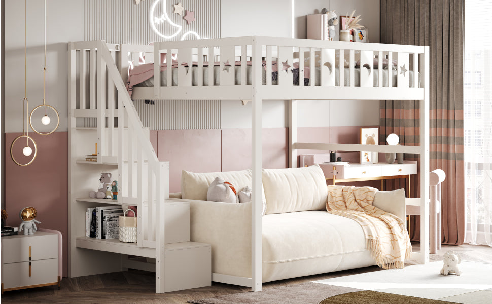 Children's Bunk Bed 140x200 Stairs Safety Railing, Solid Wood White