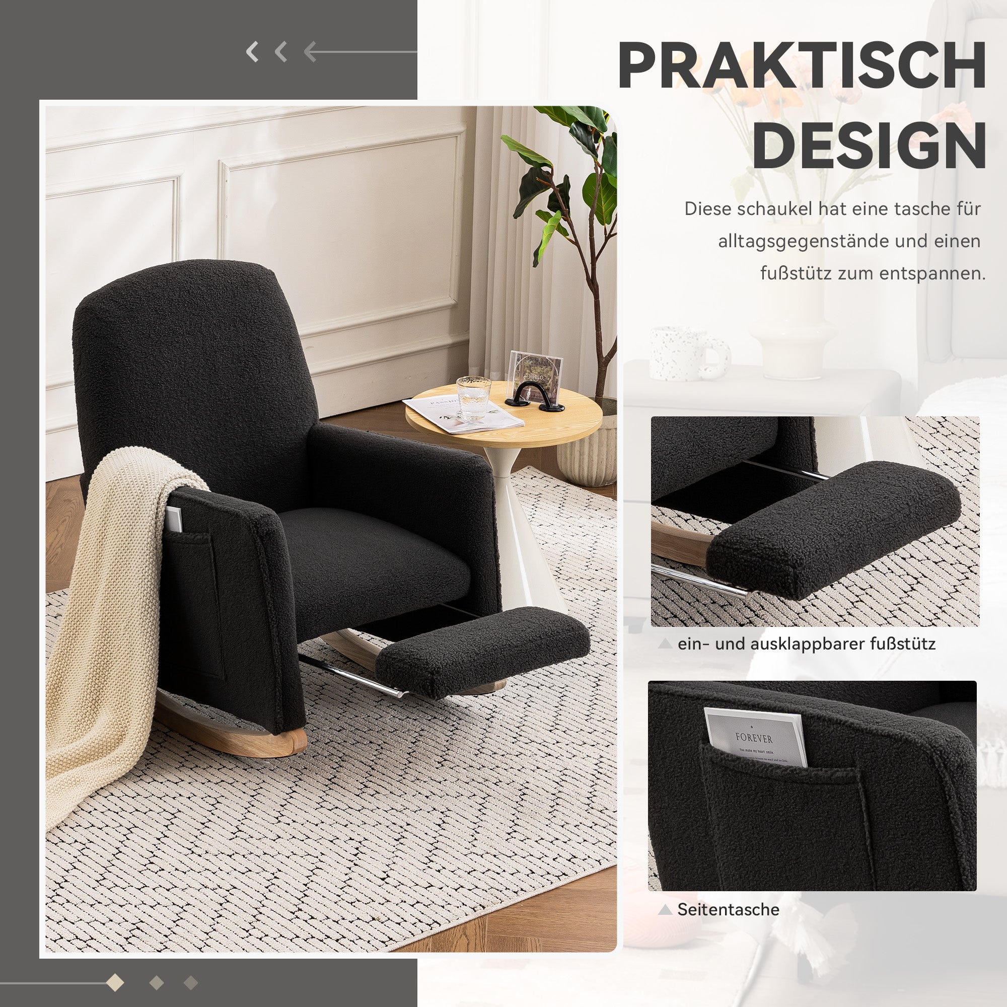 Rocking Chair with Stool, Recliner, High Back, Dark Grey Teddy Fabric