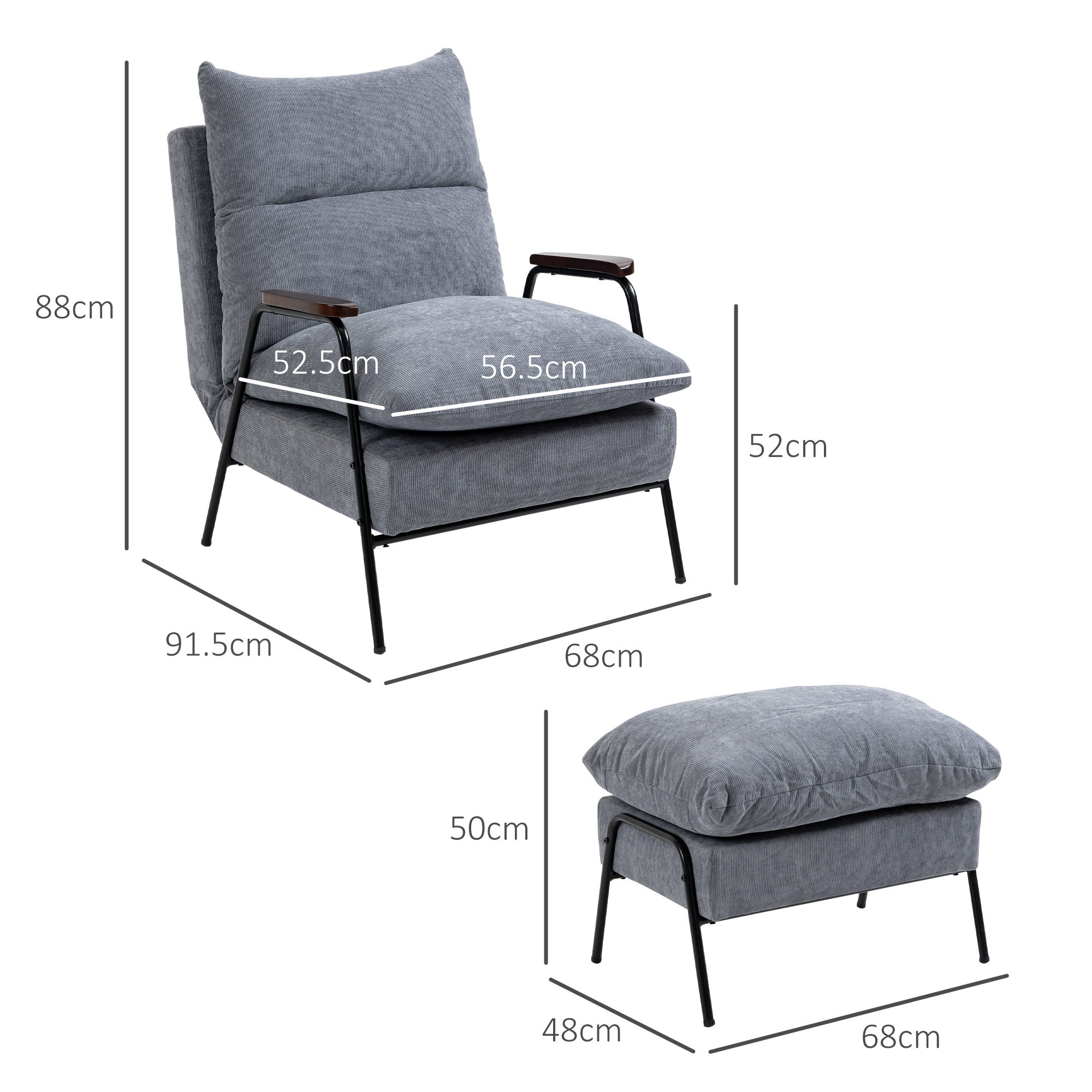 Reclining Armchair with Footstool, Adjustable Backrest Upholstered, Grey