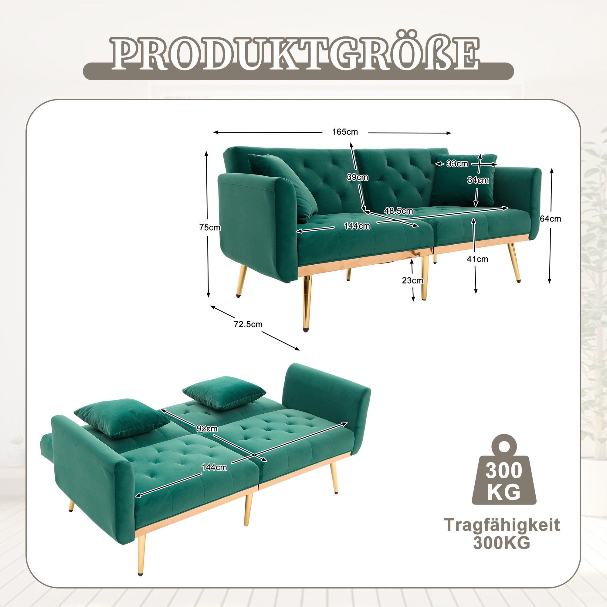 Two-Seater Sofa, Adjustable Backrest Sofa Bed with Metal Legs, Emerald Velvet