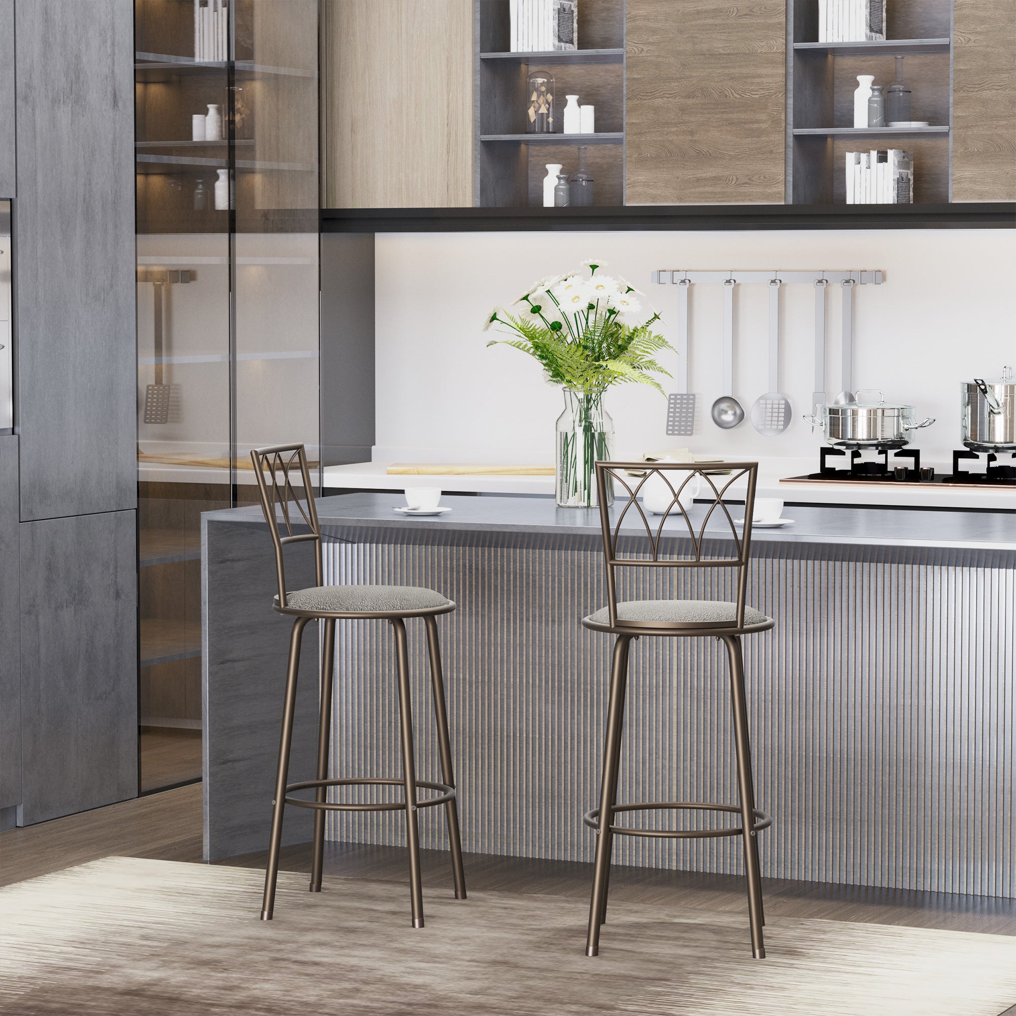 Set of 2 Bar Chairs Swivel Upholstered Metal Barstools, Bronze