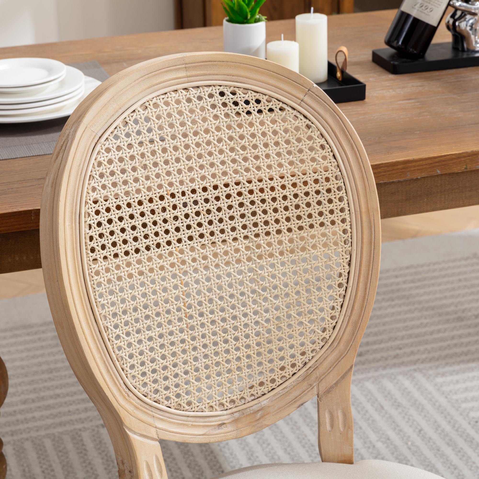 French Style Dining Chair Set of 2 Rattan Back Solid Wood Linen Fabric, Cream/Beige