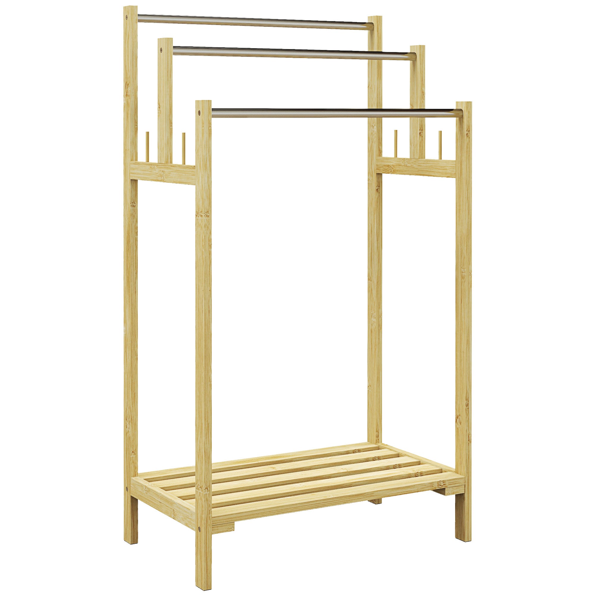 Freestanding Towel Rack Stand with 4 Hooks 3 Bars for Bathroom, Bamboo Natural