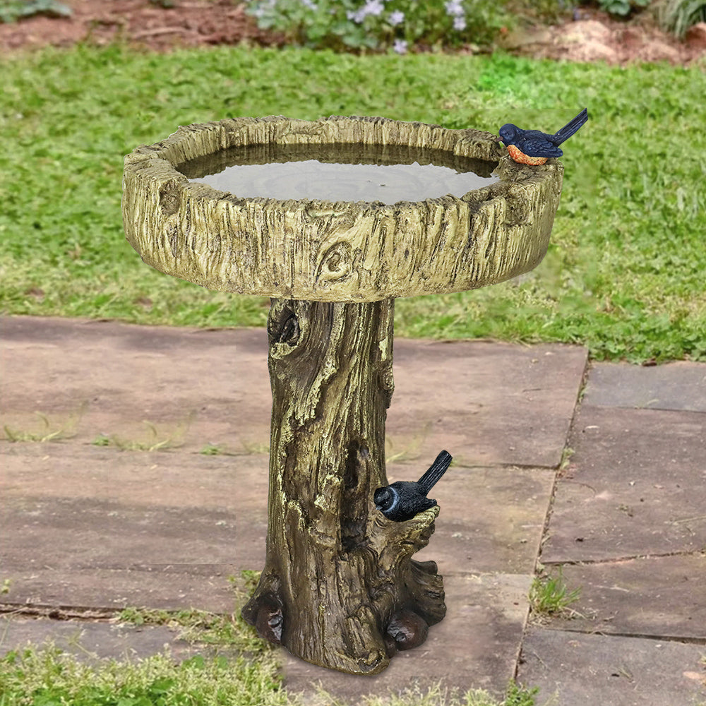 Birdbath concrete wood look with decorative artificial bird