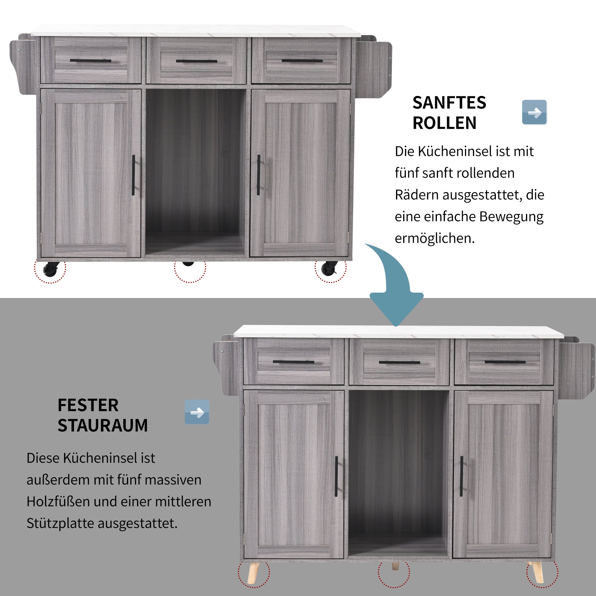 Serving Trolley Side Cabinet 139cm Folding Worktop Storage Doors Grey/White Veneer