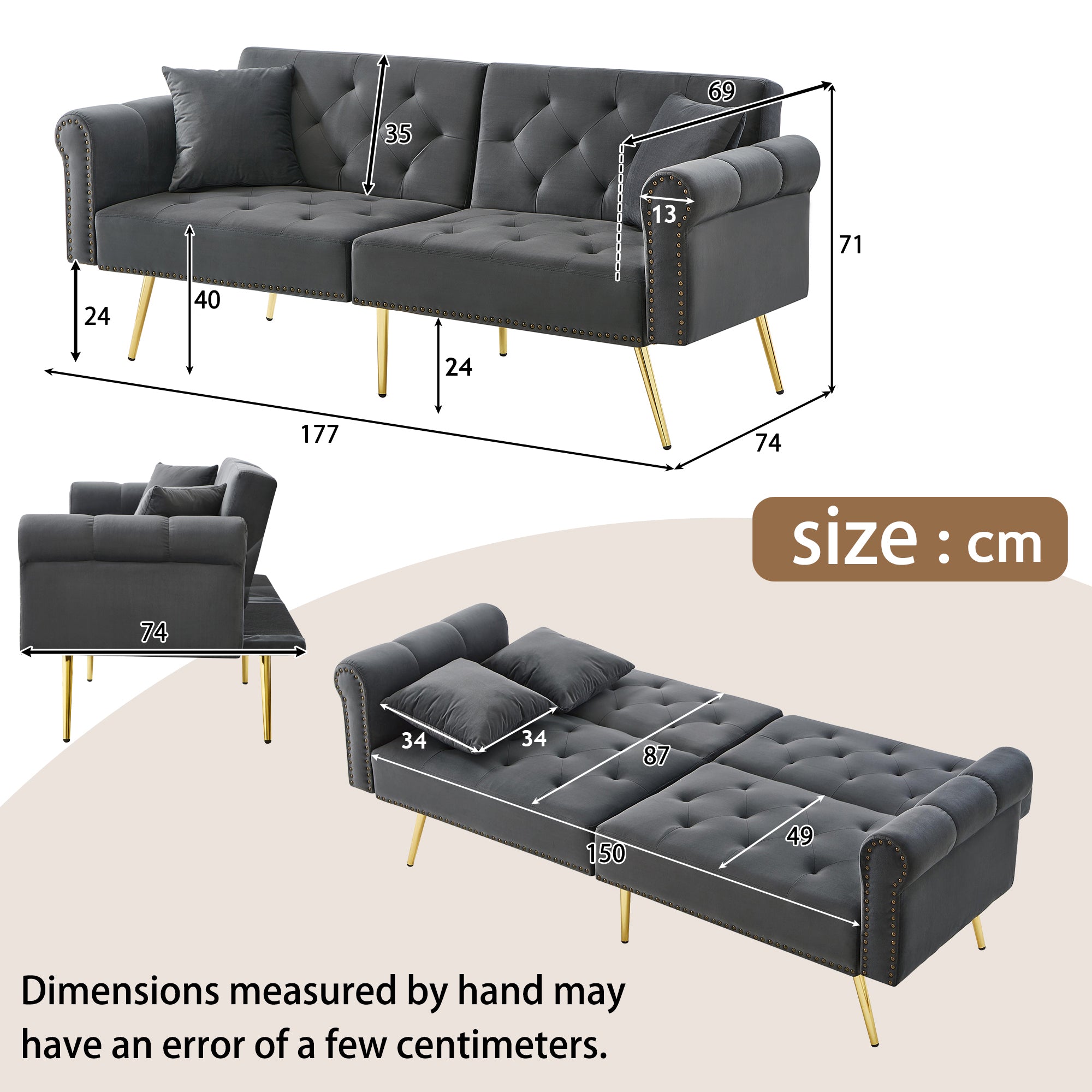 Modern 2-Seater Sofa Bed, 3-Stage Adjustable Backrest Sleeping Function, Velvet Upholstery