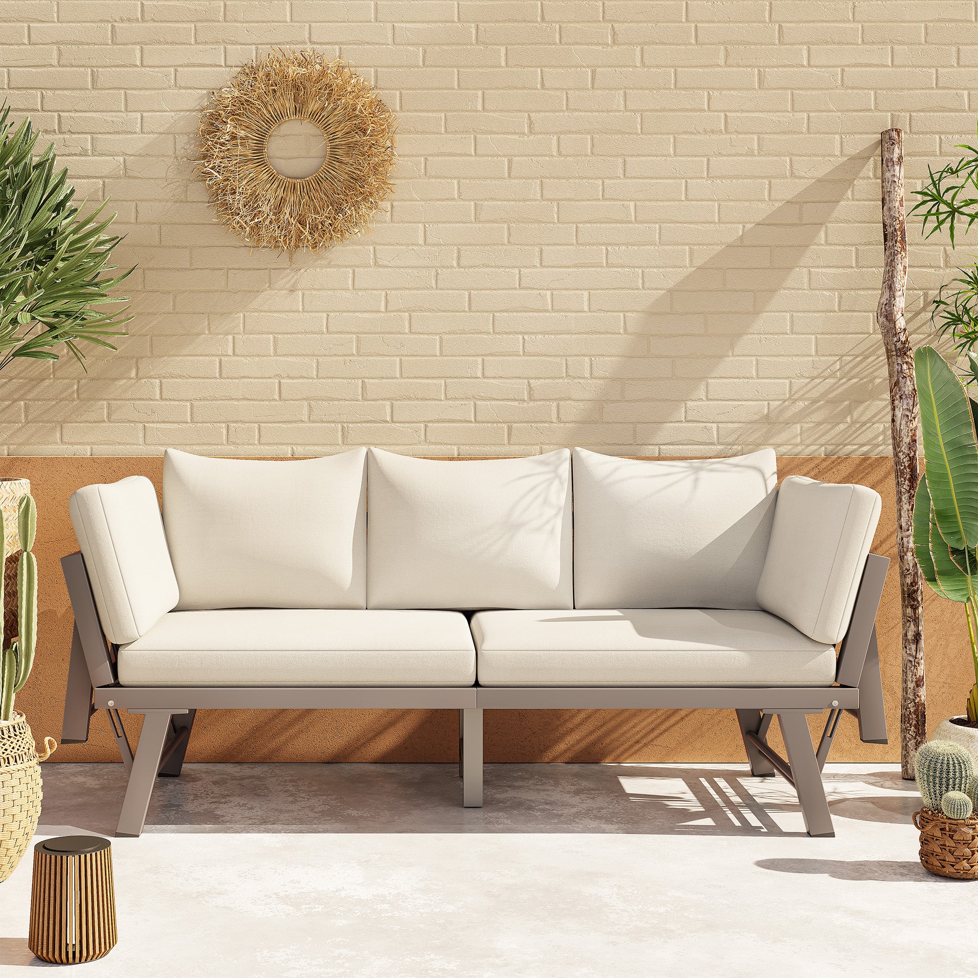 3-Seater Garden Sofa with Reclining Function, Sun Lounger and Folding Armrests, Beige