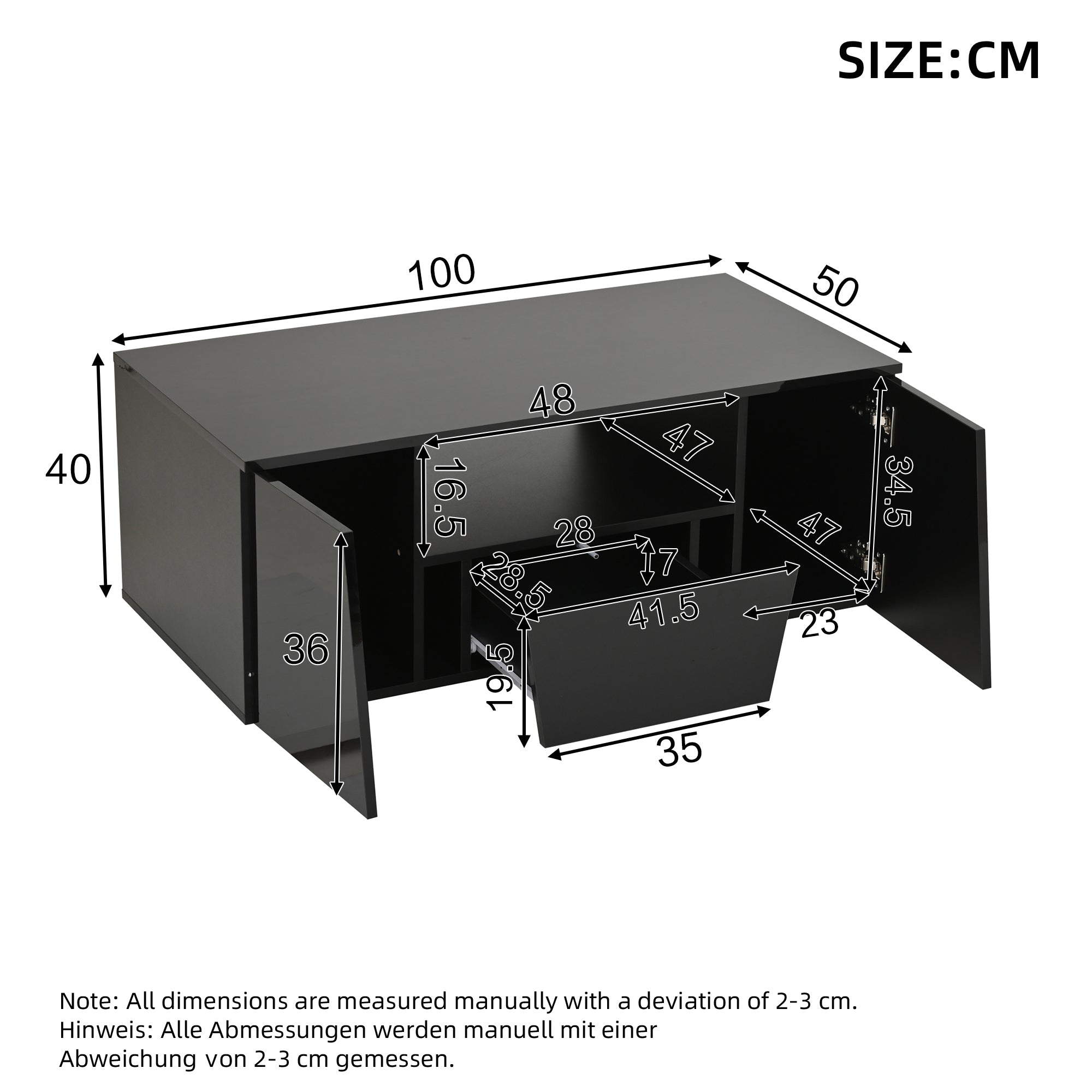 Coffee Table 100x50x40cm, LED Light, 2 Cabinets, 1 Drawer, Black