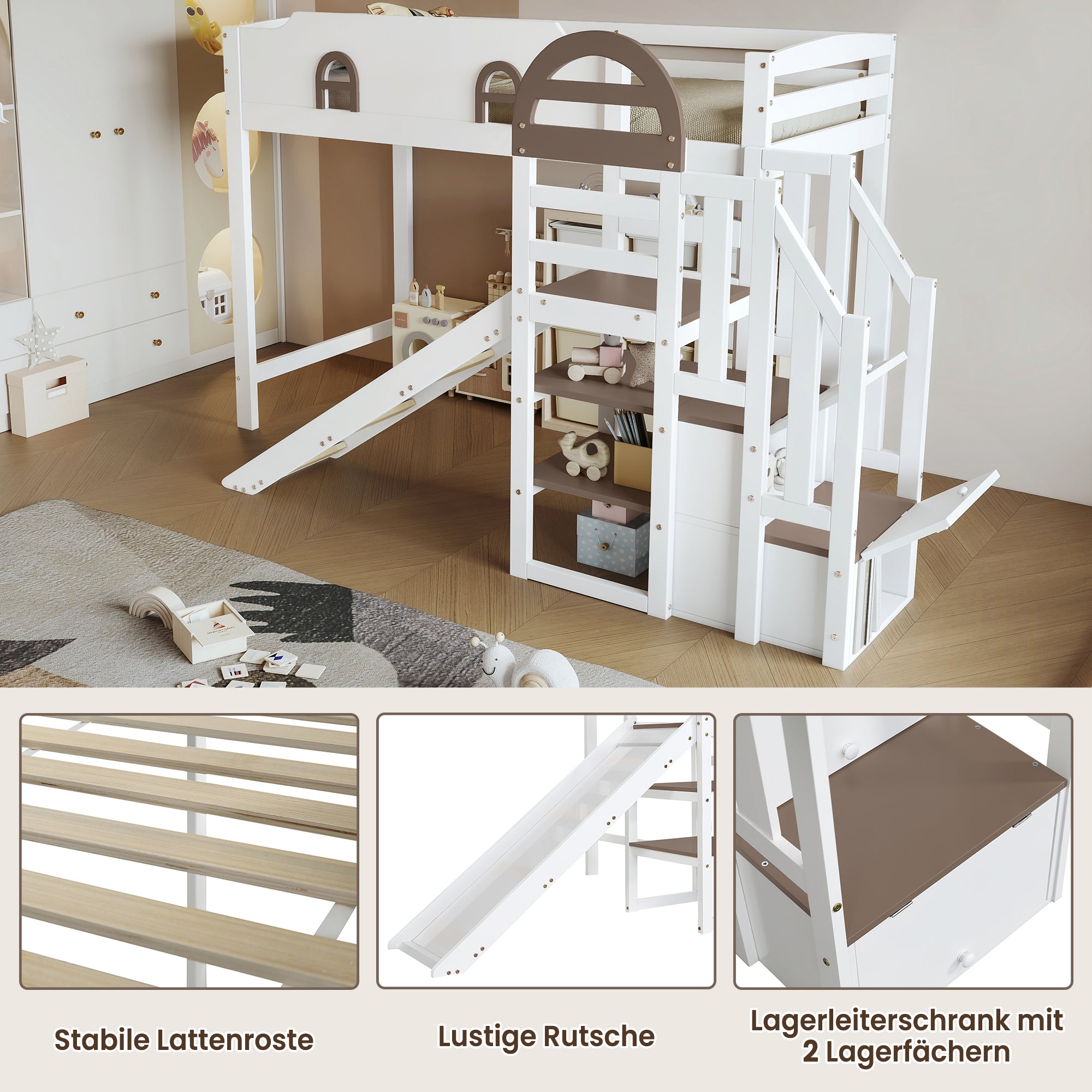 Bunk Bed, Children's with Window, Slide, Stairs & Storage, Pine + MDF, White + Brown, 90 x 200 cm