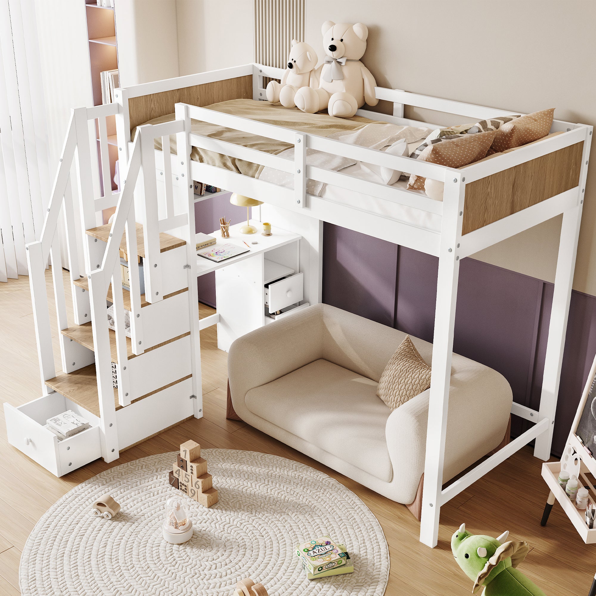 Bunk Bed with Safety Gate, Desk & Storage, Pine+MDF White+Natural