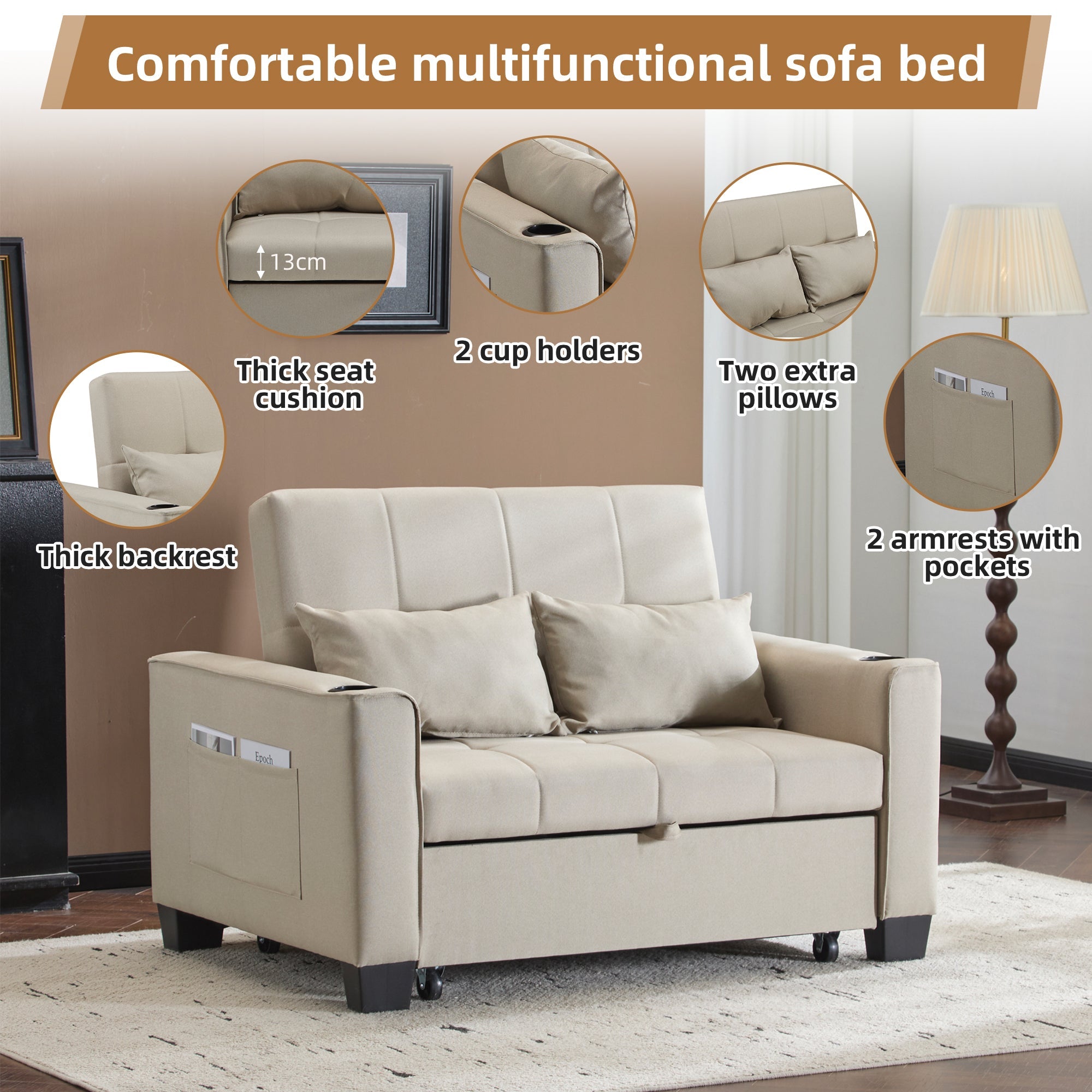 2 Seater Sofa Bed with Cup Holders, Pull Out Sleeper Sofa Convertible, Beige Fabric