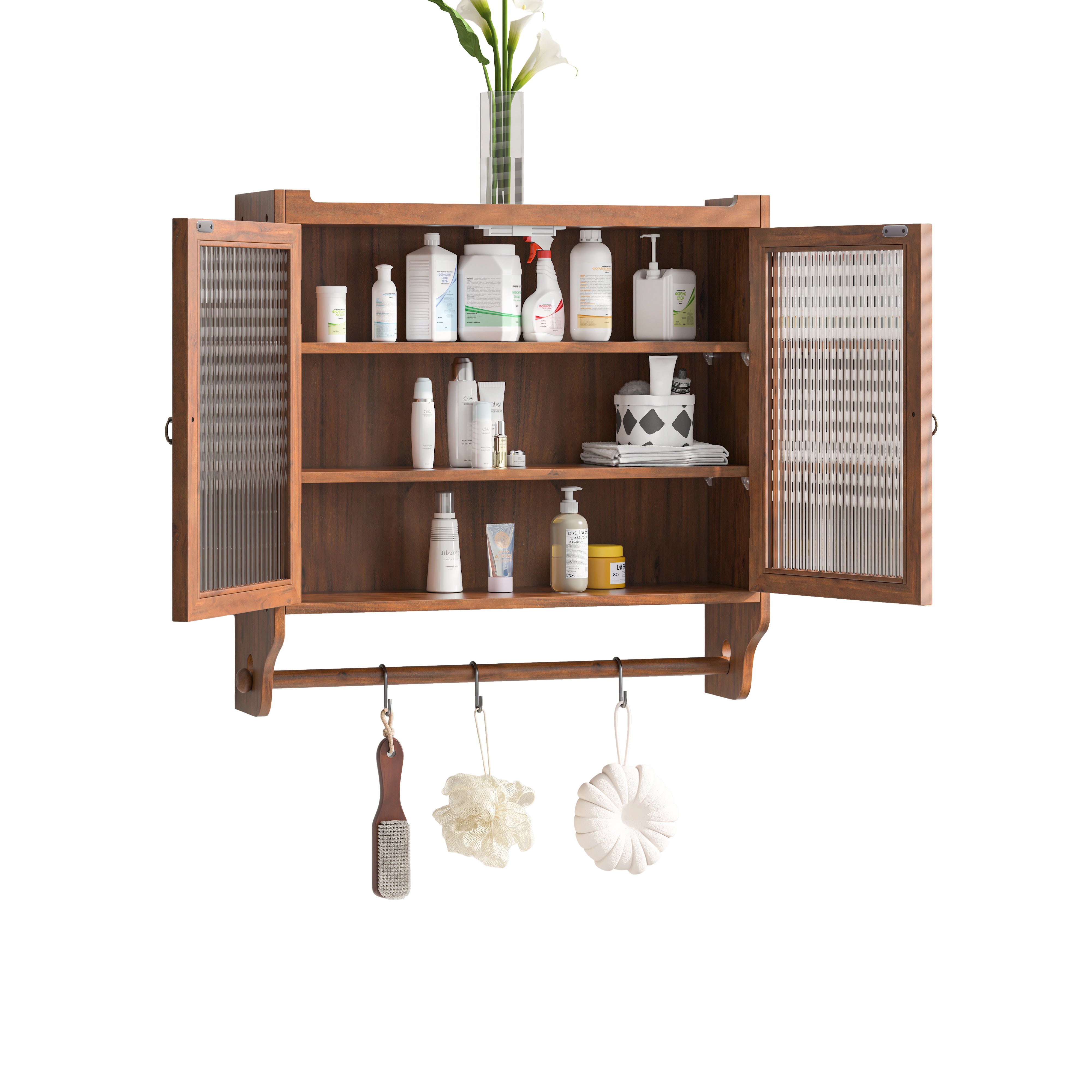 Wall Cabinet 63CM, Double Door Vintage Glass with 3 Tiers, Towel Rack, Brown