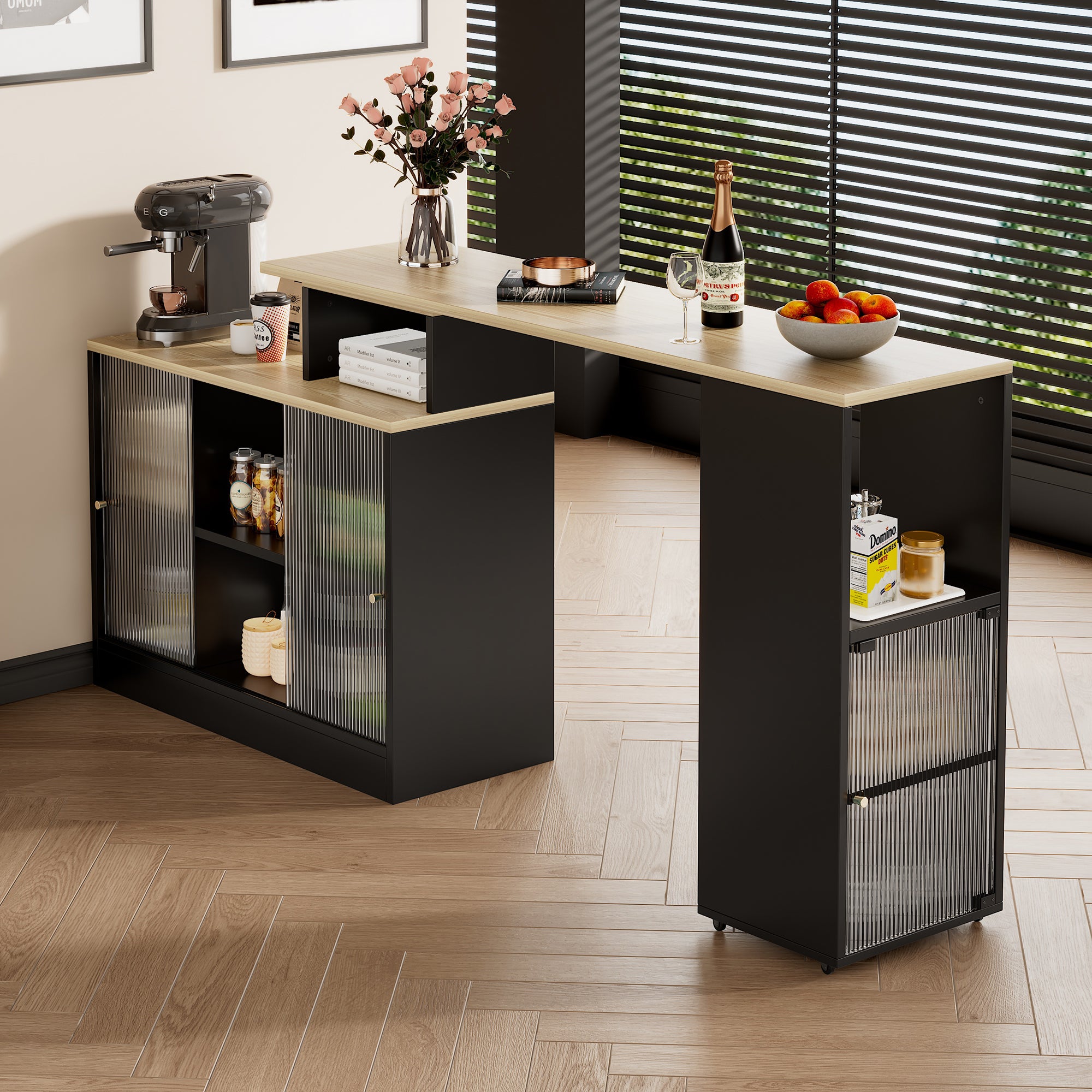 Extendable Bar Table Movable Swivel Storage Black