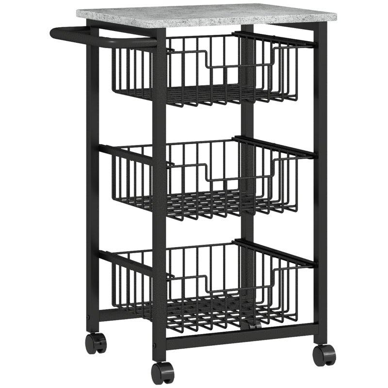 Kitchen Trolley 3-Tier Rolling 3 Steel Baskets