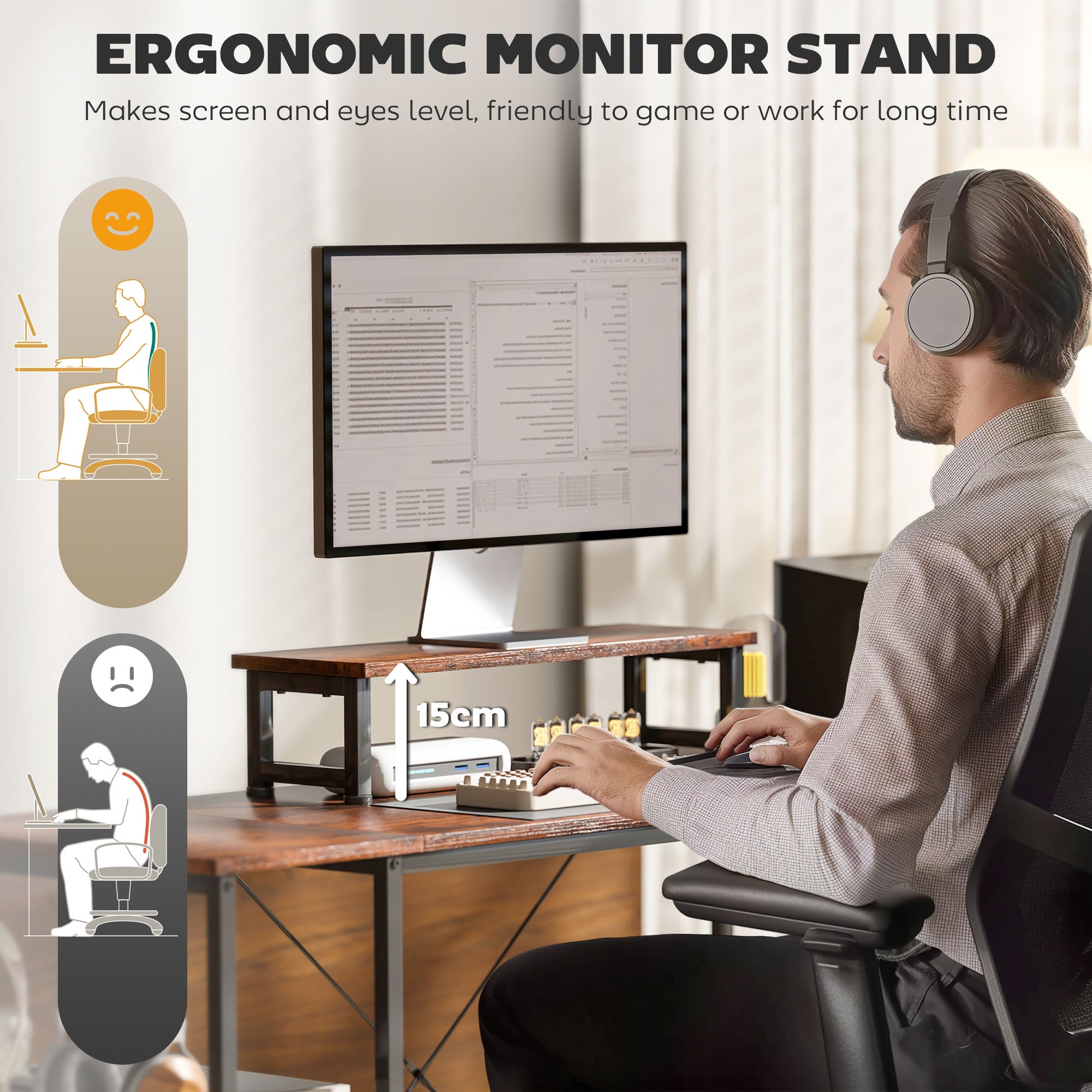 Reversible L Shaped Desk, 2 Person PC Table with Adjustable Shelf and Monitor Stand, Rustic Brown