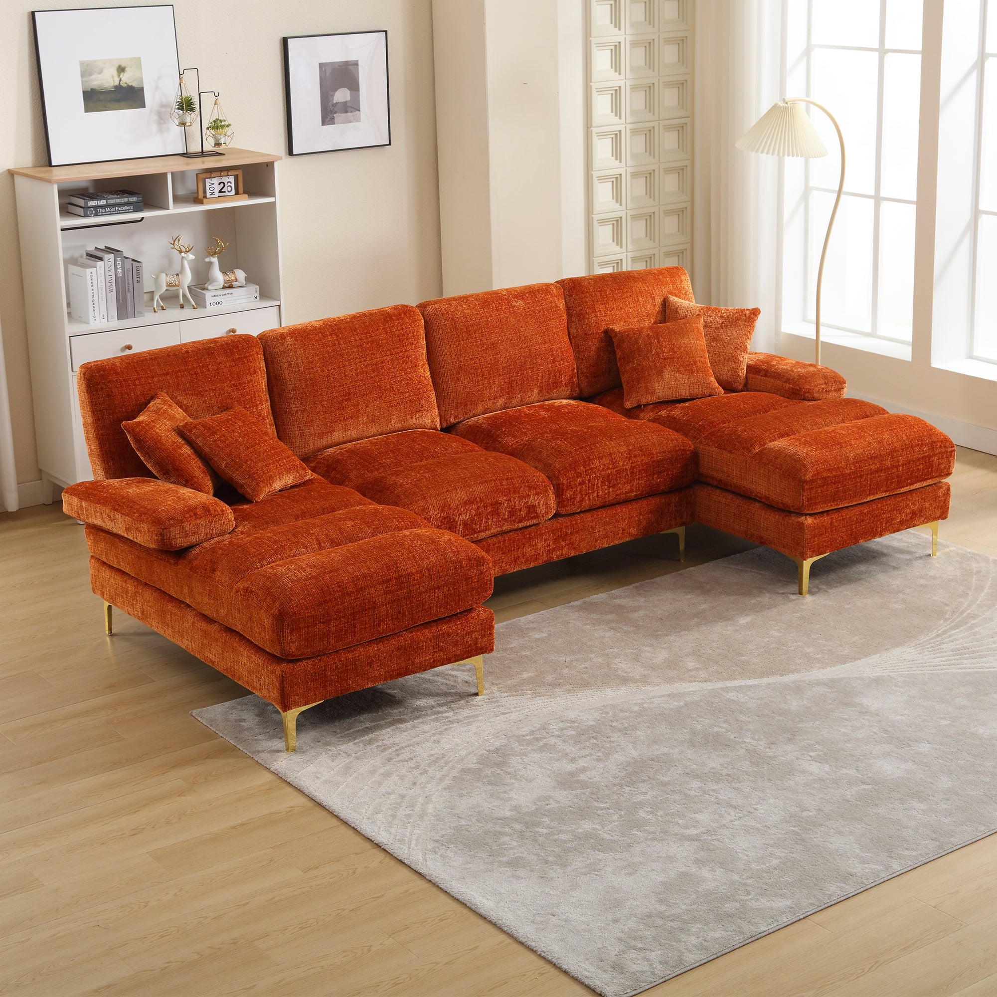 Sofa, Modern Large U-Shape Sectional with Double Reclining Seats, Chenille Orange