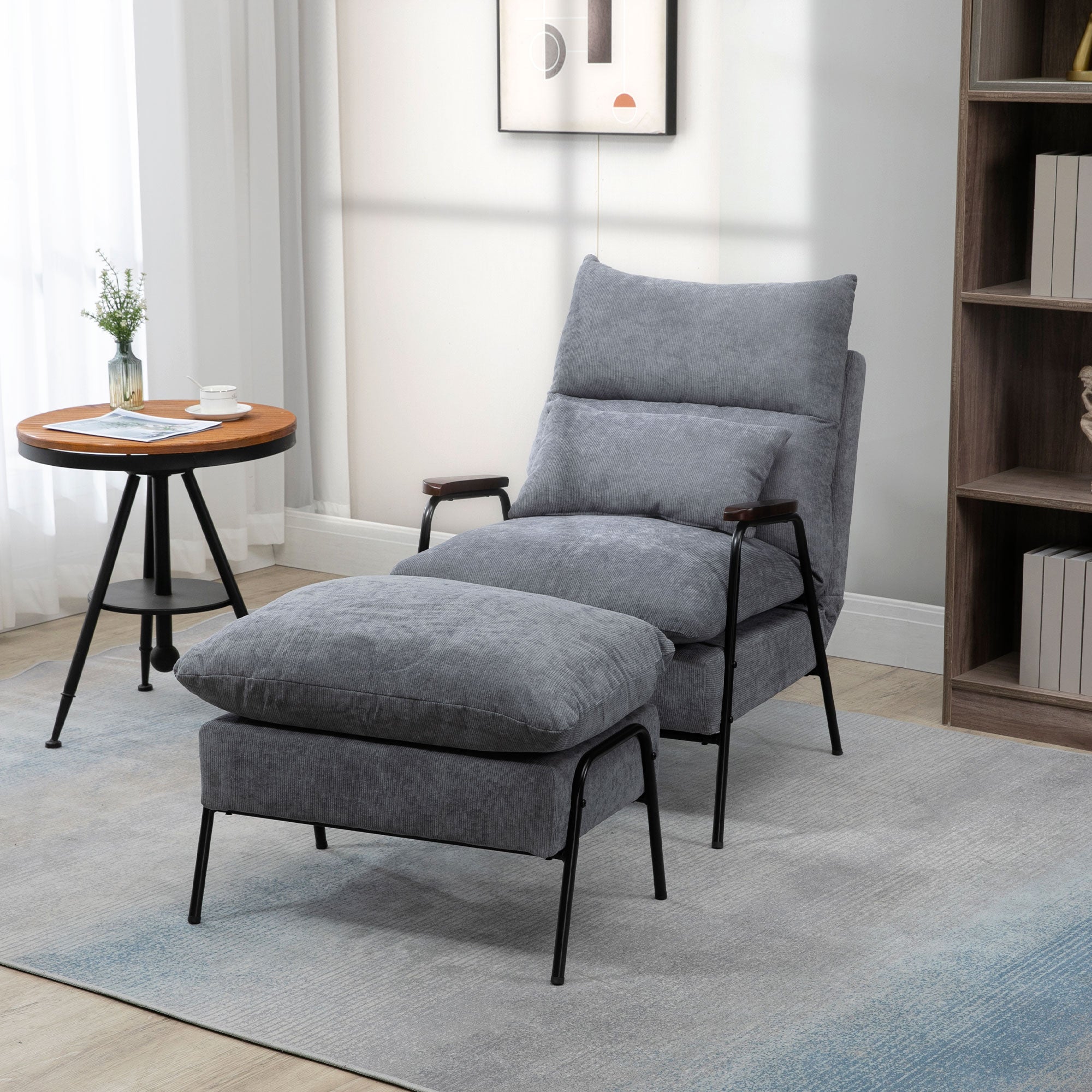 Reclining Armchair with Footstool, Adjustable Backrest Upholstered, Grey