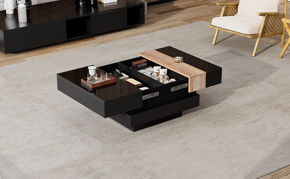 Coffee Table Extendable with Hidden Storage 70x70x39cm, High-Gloss Black MDF