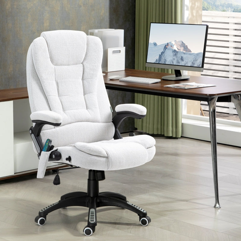 Massage Recliner Office Chair, Heated Six Massage Points 360° Swivel, Linen-Feel Fabric Cream White