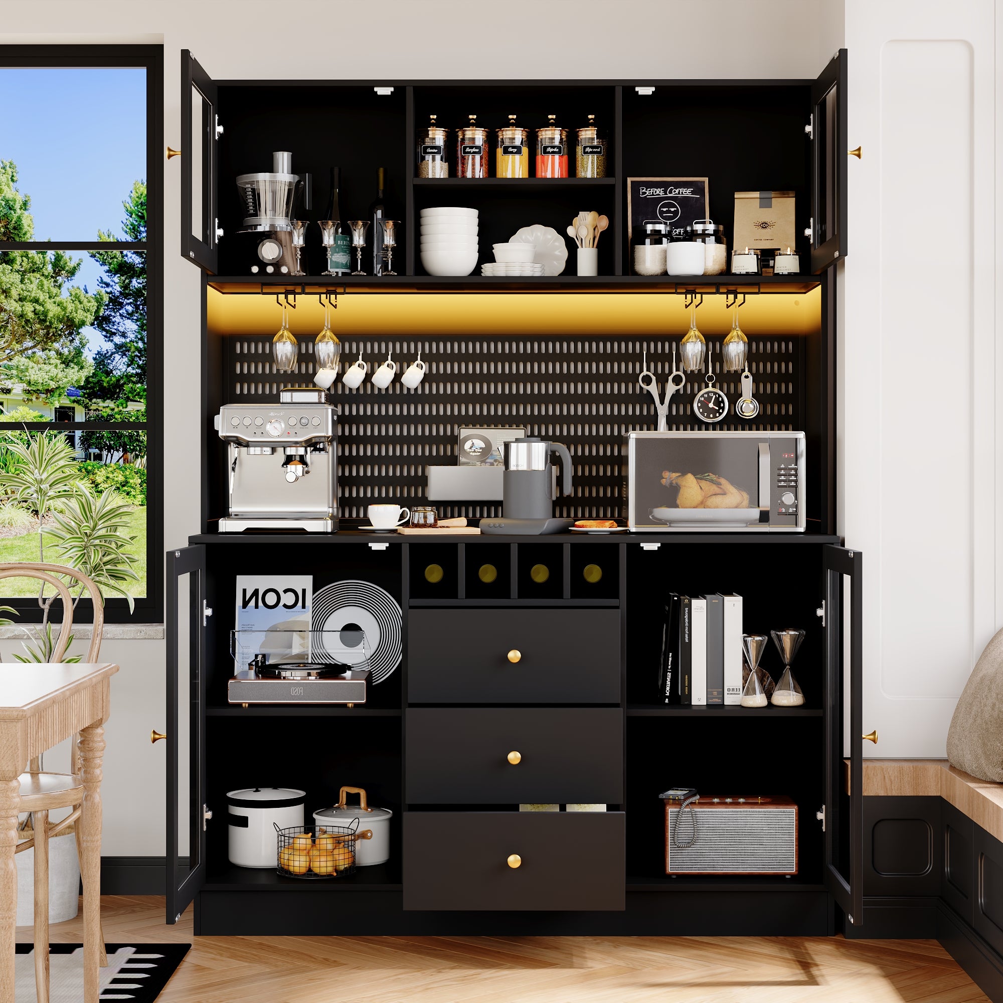 Modern Tall Cabinet with Smart LED Lighting, Wine Rack and Adjustable Shelves, Black