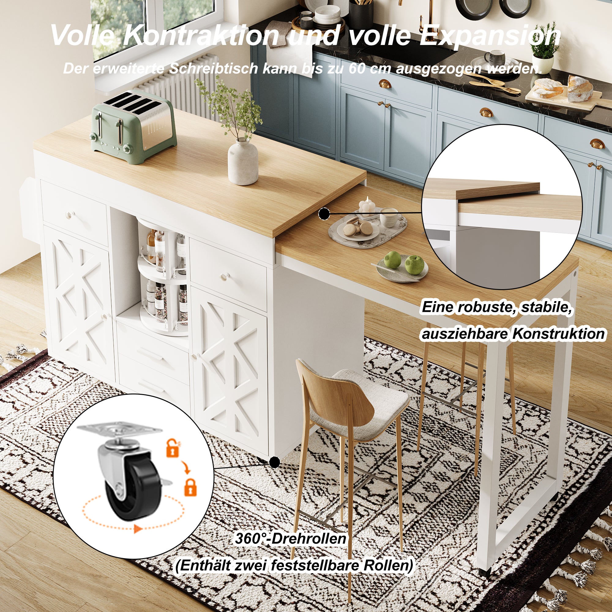 Modern Extendable Bar Table and Kitchen Trolley with Rotating Organizer and Adjustable Shelves, White