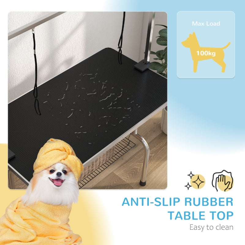 Dog Grooming Table 42" Adjustable with 2 Loops Storage Basket, Rubber Top, Black