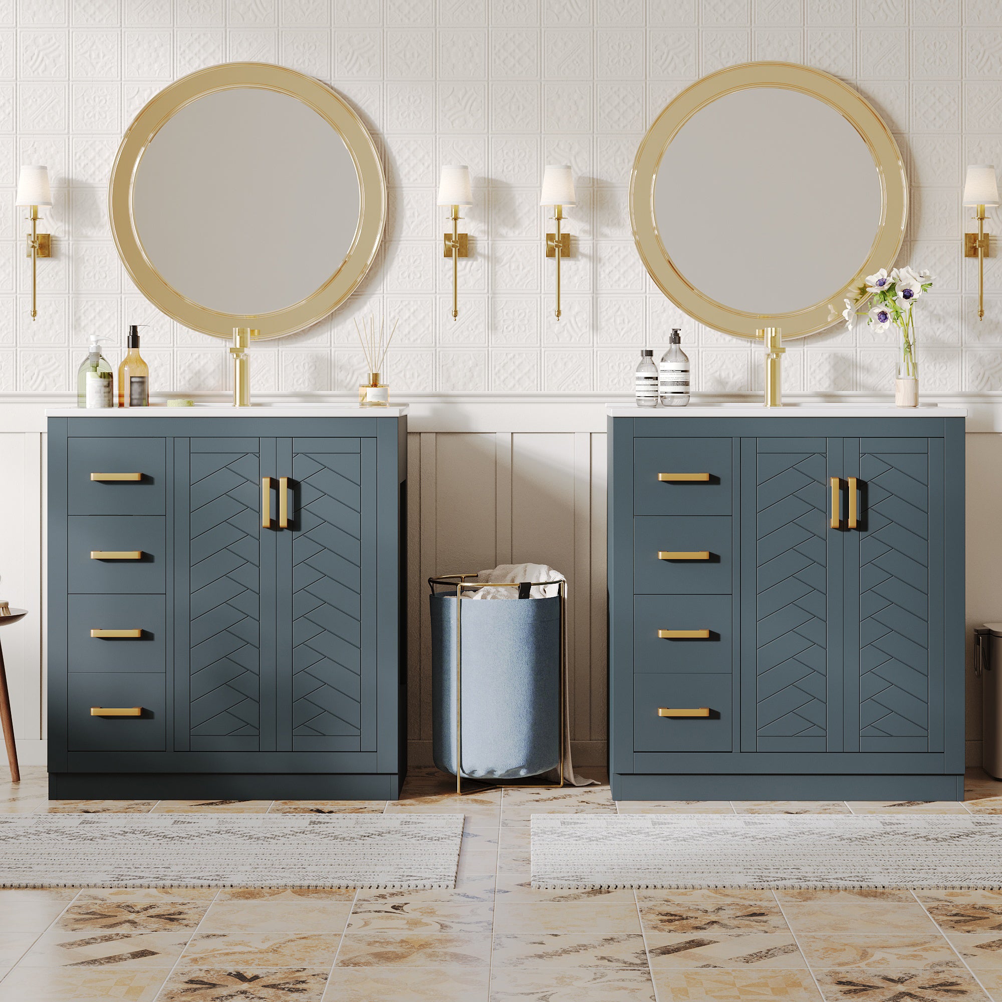 Bathroom Vanity Unit with Ceramic Sink and 3 Drawers, Blue