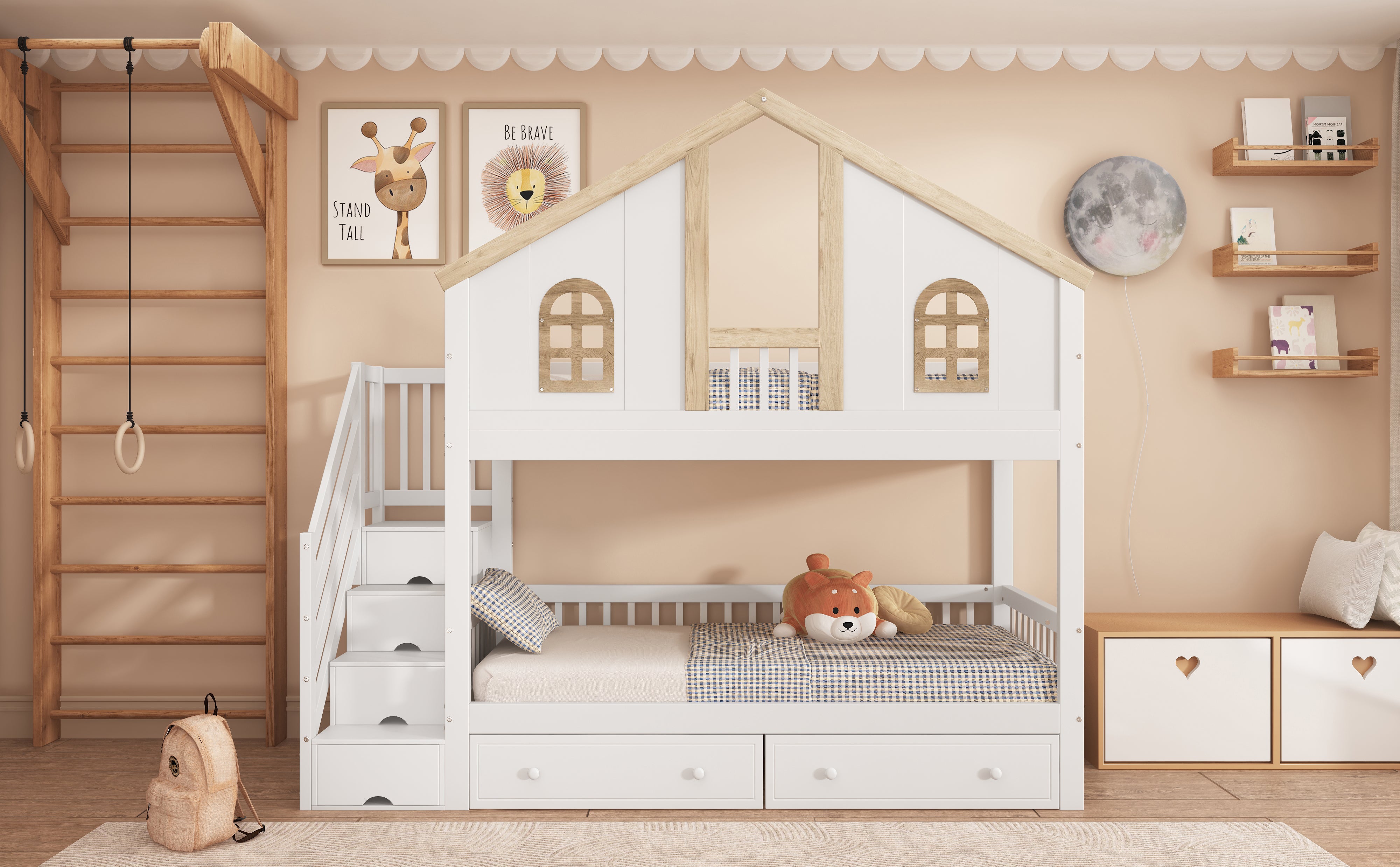 Bunk Bed, Children's with Safety Gate, Drawers & Storage Stairs, Pine+MDF, White+Natural